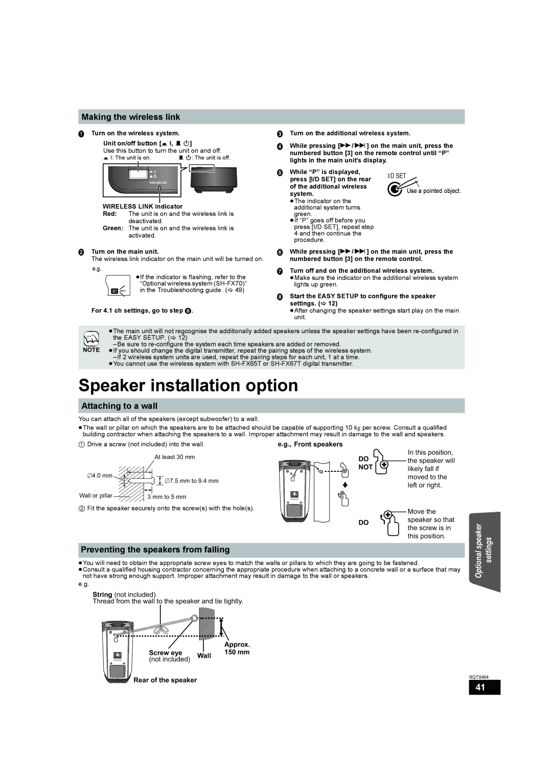 Panasonic SC-BTX70 manual Speaker installation option, Making the wireless link, Attaching to a wall, Not 