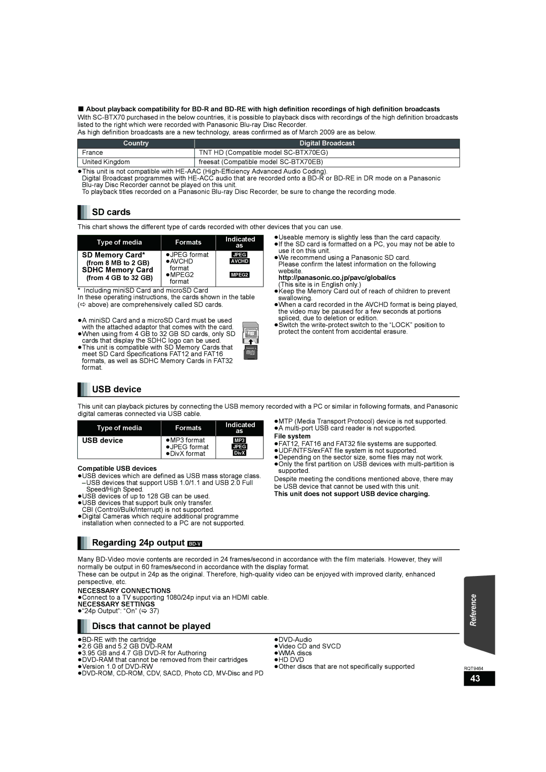 Panasonic SC-BTX70 manual SD cards, USB device, Regarding 24p output BD-V, Discs that cannot be played 