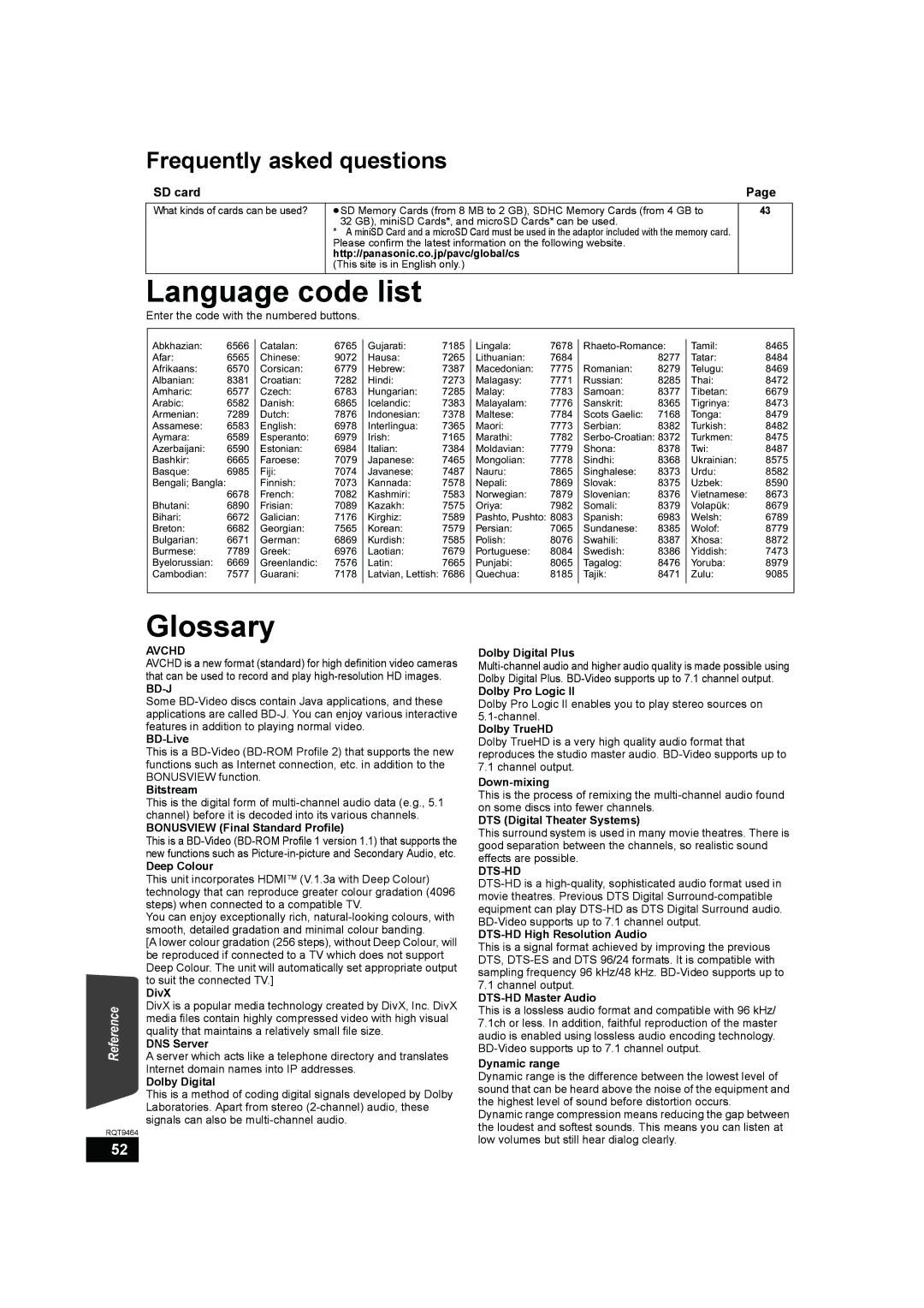 Panasonic SC-BTX70 manual Language code list, Glossary, SD card 