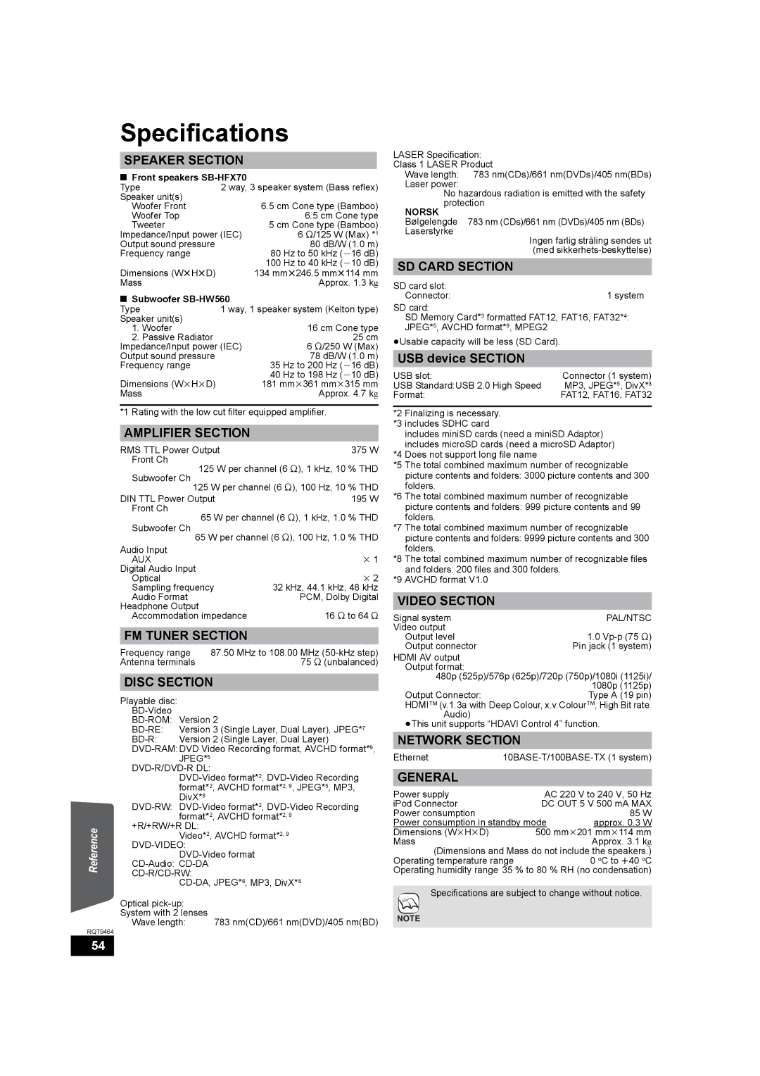 Panasonic SC-BTX70 manual Specifications, USB device Section, Front speakers SB-HFX70, Subwoofer SB-HW560, Norsk 