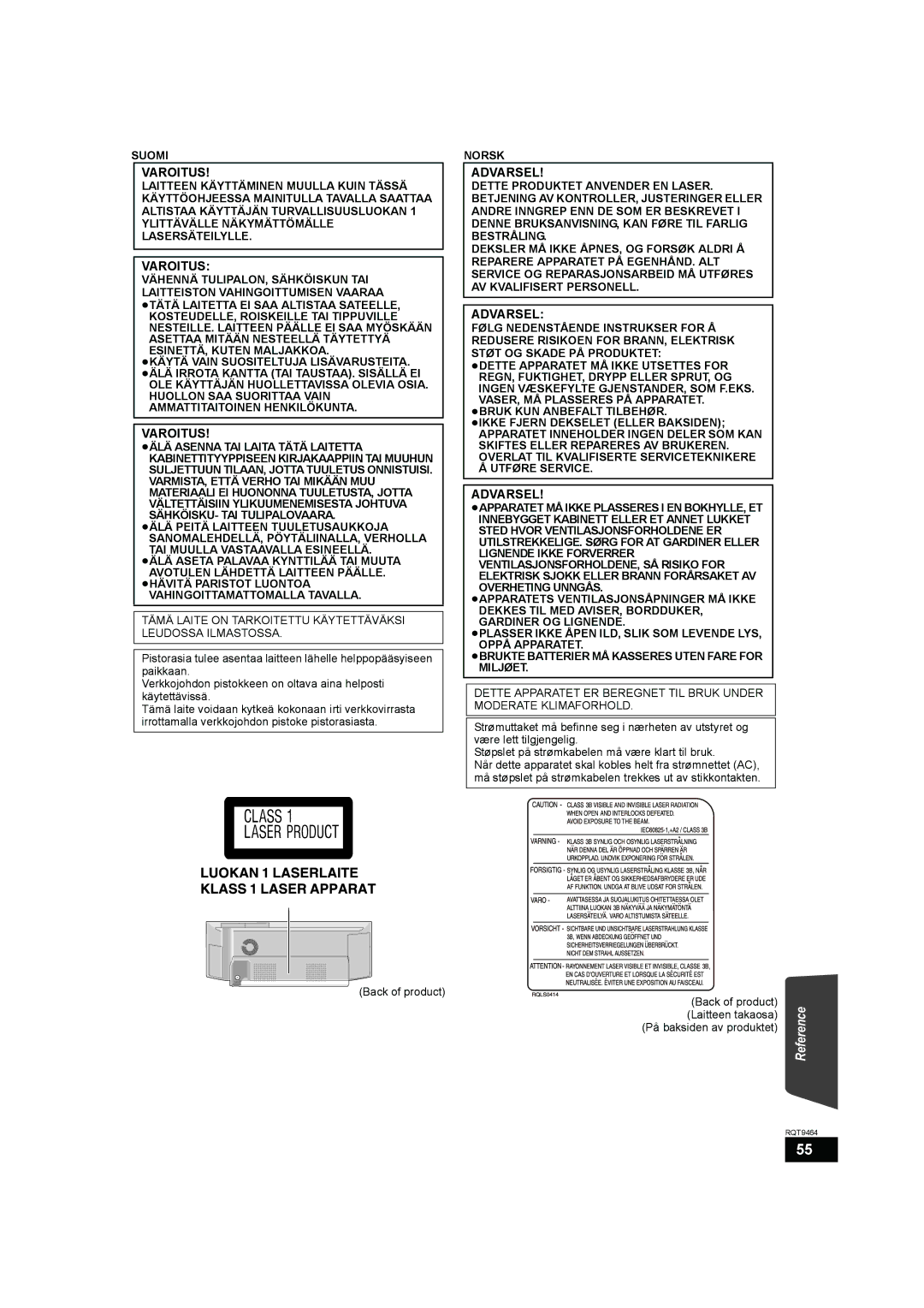 Panasonic SC-BTX70 Suomi, Tämä Laite on Tarkoitettu Käytettäväksi Leudossa Ilmastossa, Back of product, Laitteen takaosa 