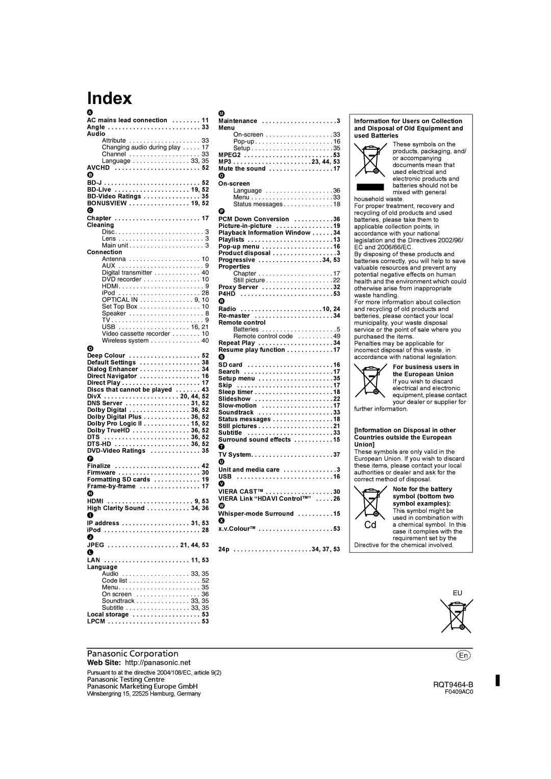 Panasonic SC-BTX70 manual Index 