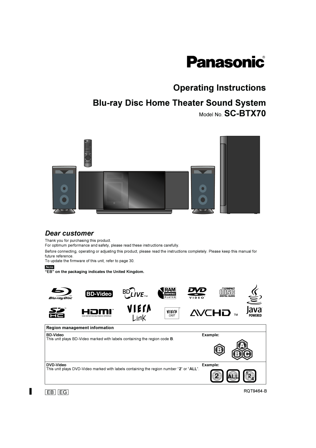 Panasonic manual Model No. SC-BTX70, Eb Eg, RQT9464-B, Operating Instructions, Blu-rayDisc Home Theater Sound System 