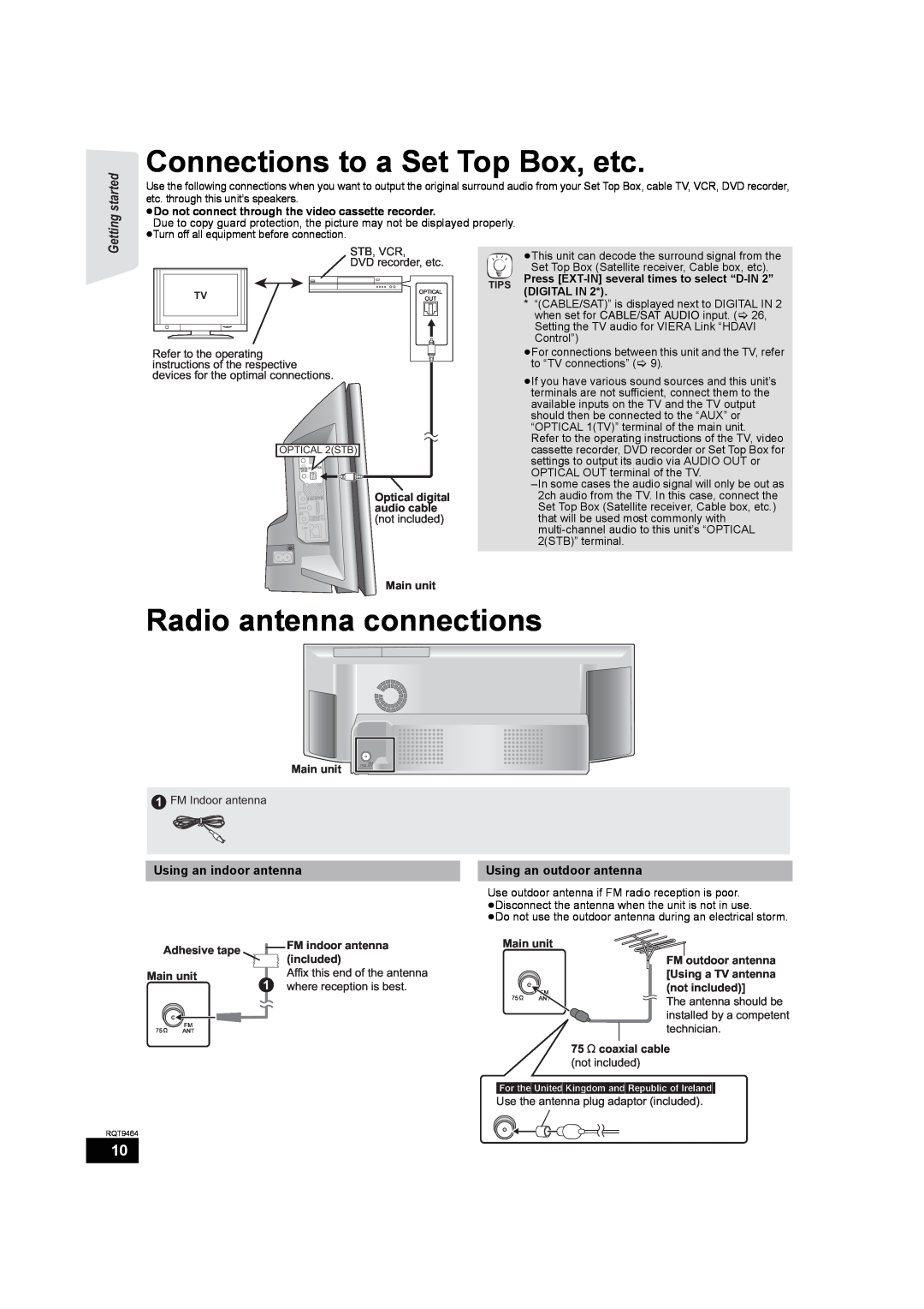 Panasonic SC-BTX70 Connections to a Set Top Box, etc, Radio antenna connections, Using an indoor antenna, Getting started 