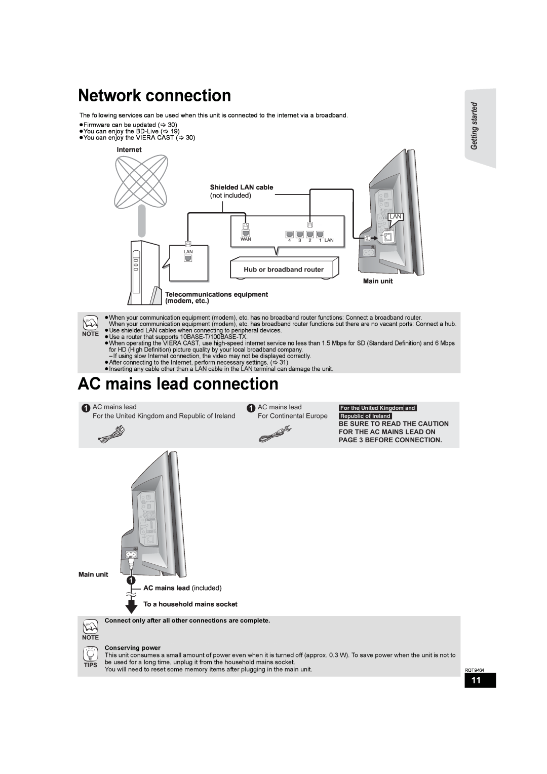 Panasonic SC-BTX70 manual Network connection, AC mains lead connection, Getting started 