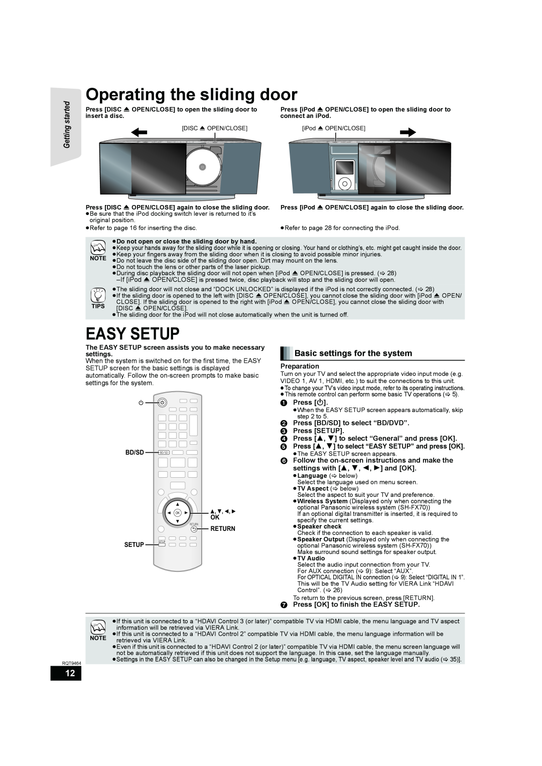Panasonic SC-BTX70 manual Operating the sliding door, Easy Setup, Basic settings for the system, Getting started 