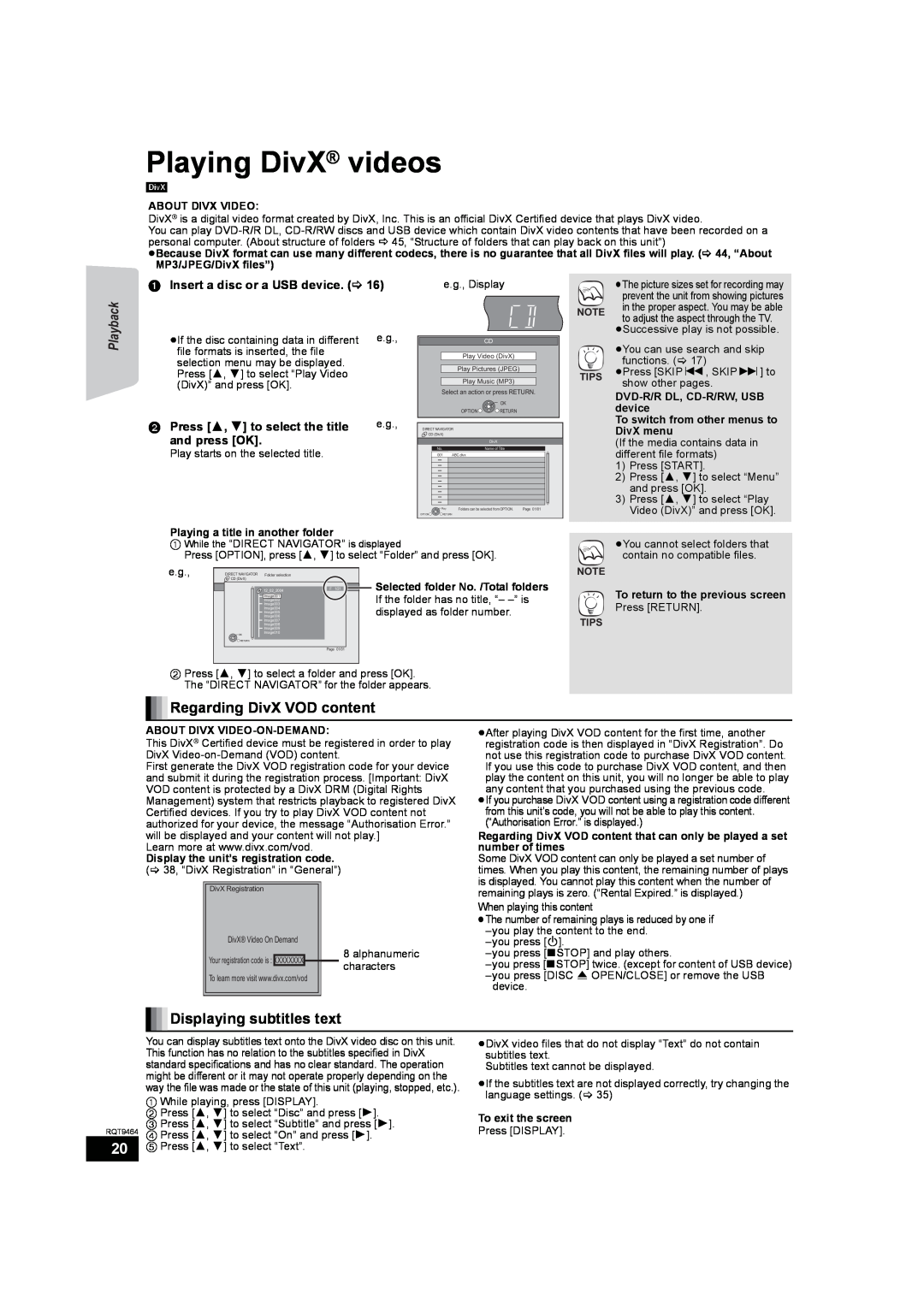 Panasonic SC-BTX70 manual Regarding DivX VOD content, Displaying subtitles text, Playing DivX videos, Playback 