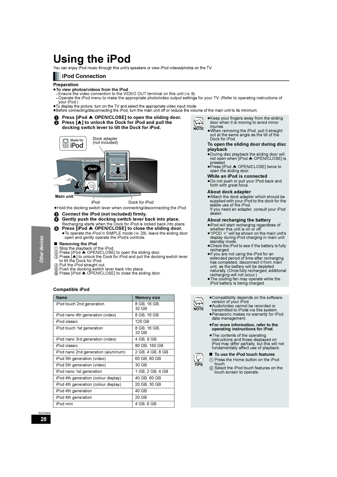 Panasonic SC-BTX70 manual Using the iPod, iPod Connection 