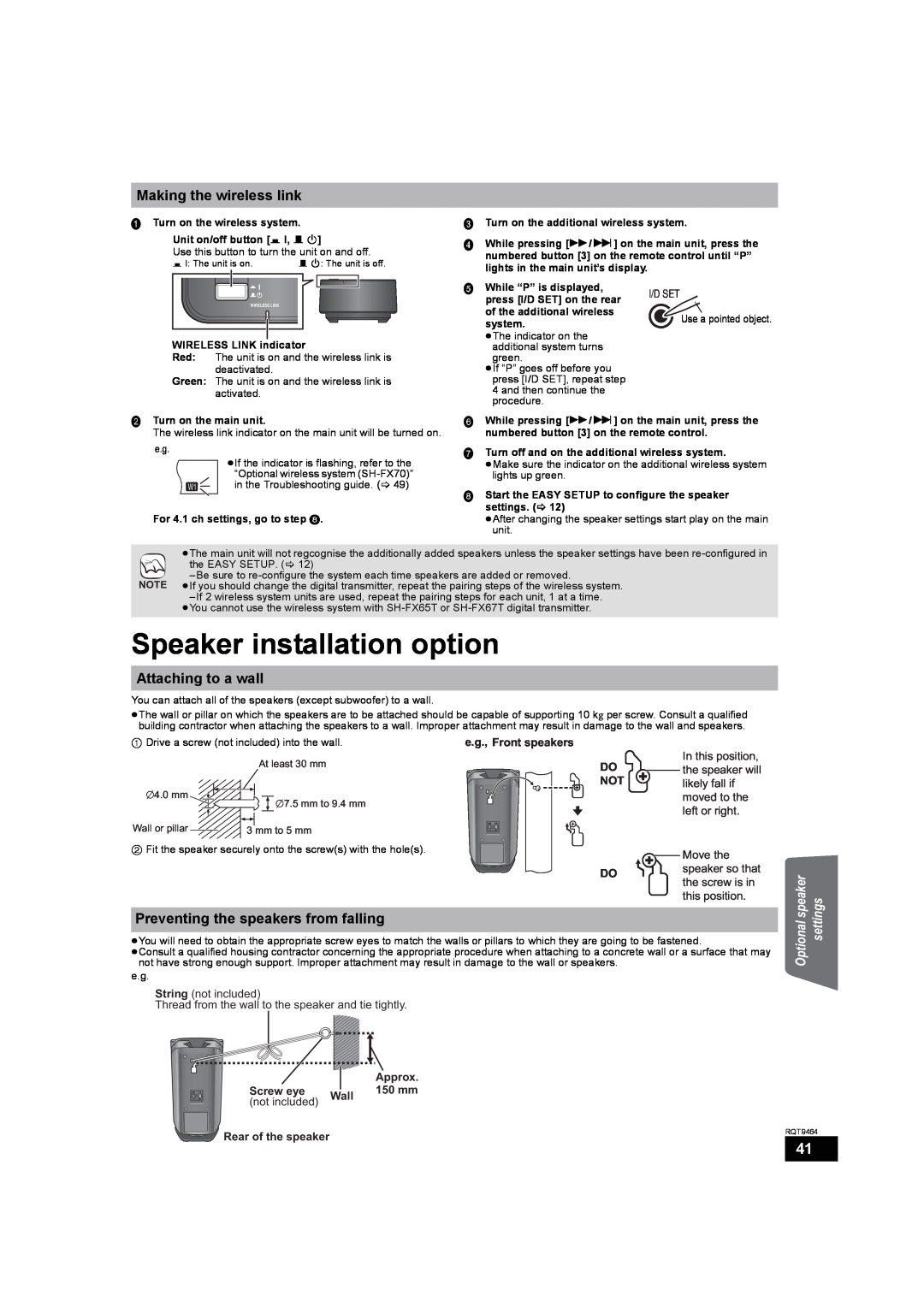 Panasonic SC-BTX70 manual Speaker installation option, Making the wireless link, Attaching to a wall 