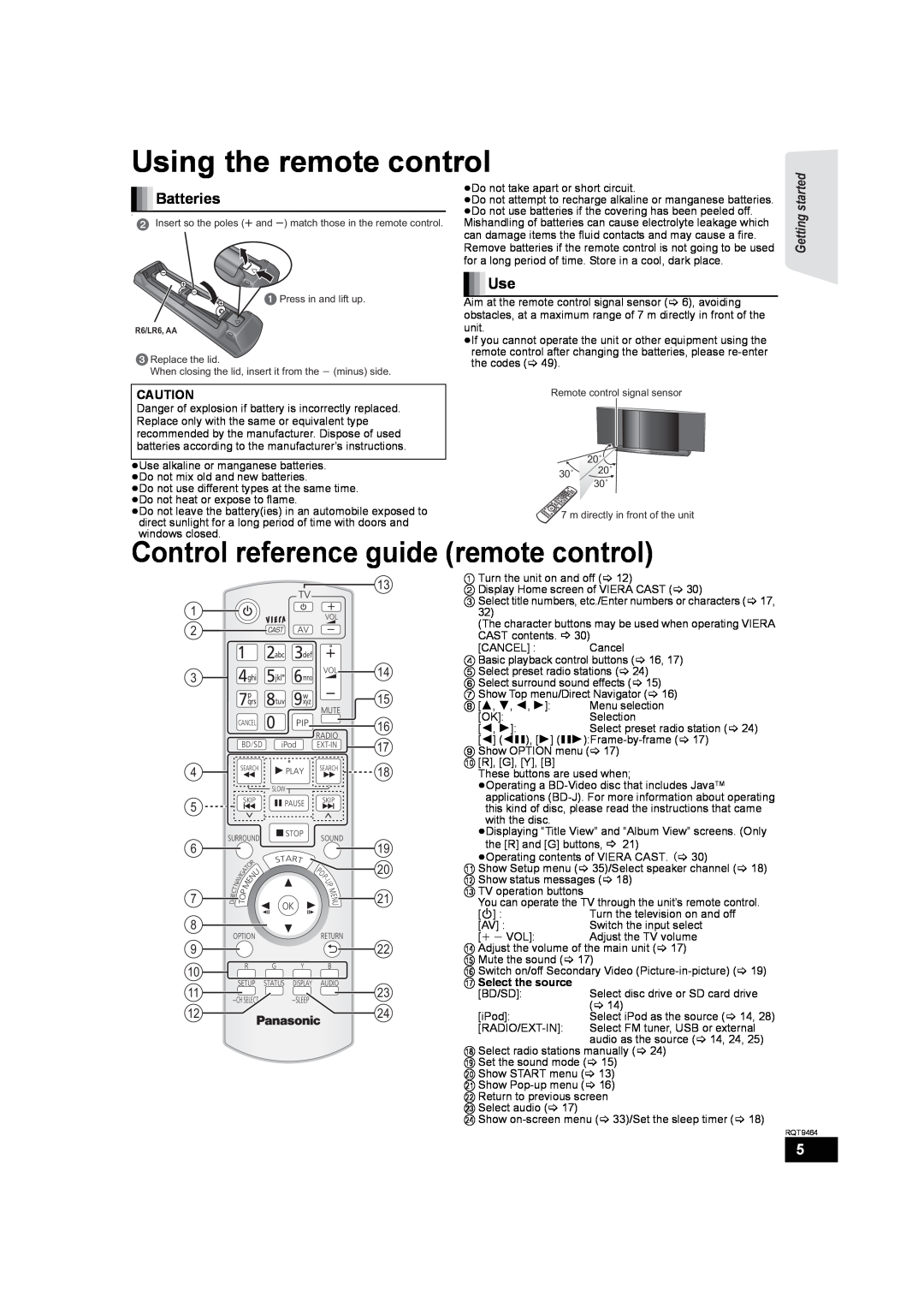 Panasonic SC-BTX70 manual Using the remote control, Control reference guide remote control, Batteries 