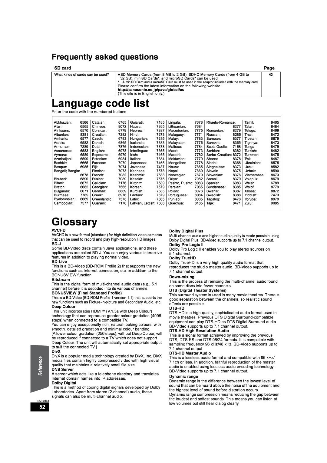 Panasonic SC-BTX70 manual Language code list, Glossary, Frequently asked questions, Reference 