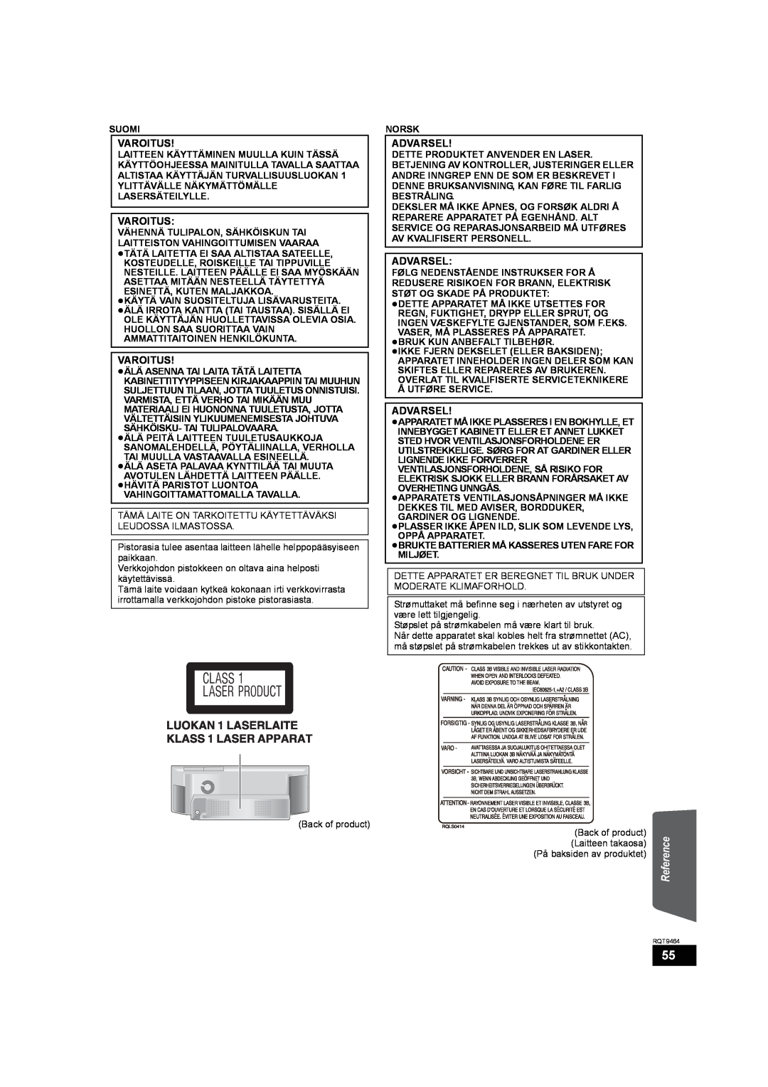 Panasonic SC-BTX70 manual Varoitus, Advarsel, Reference 