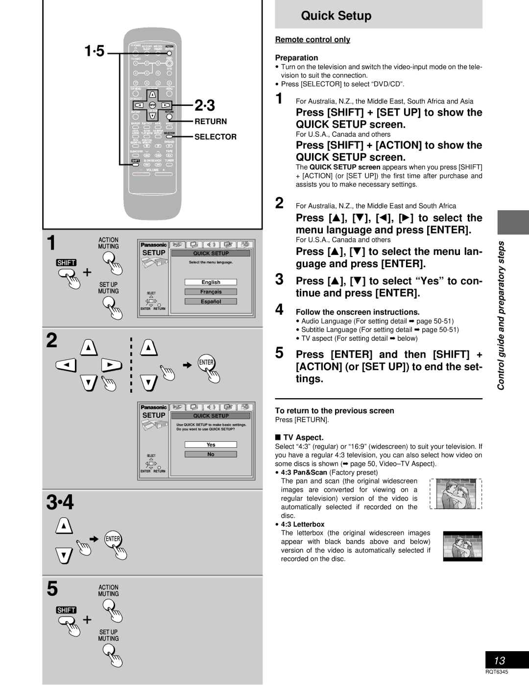 Panasonic SC-DK20 warranty Press Shift + SET UP to show the Quick Setup screen, Control 