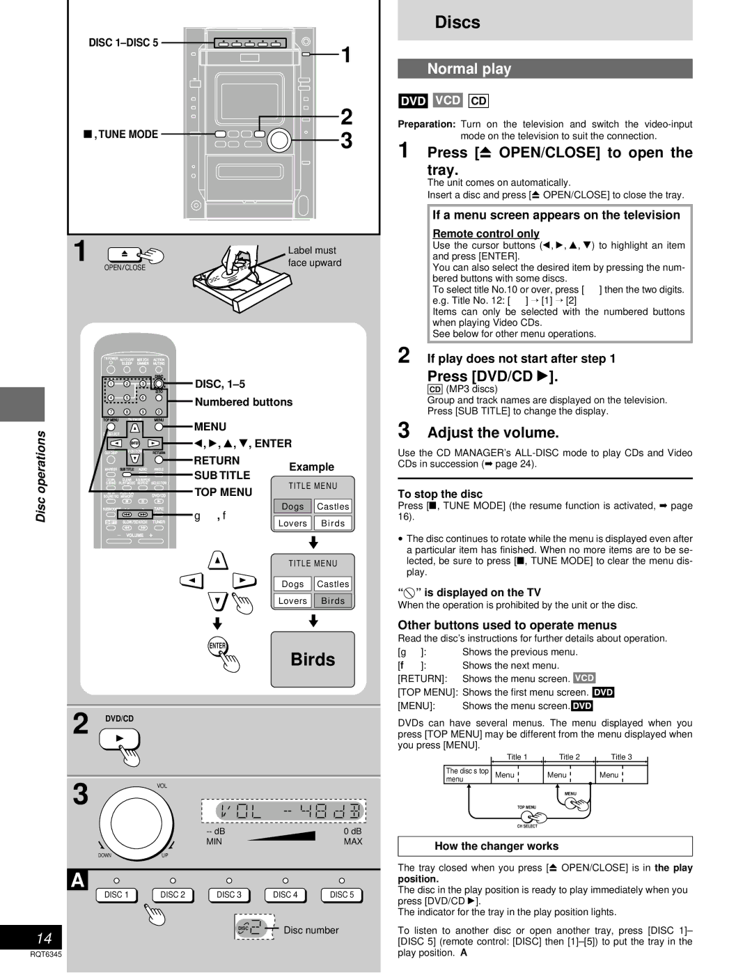 Panasonic SC-DK20 warranty Discs, Birds, Normal play 