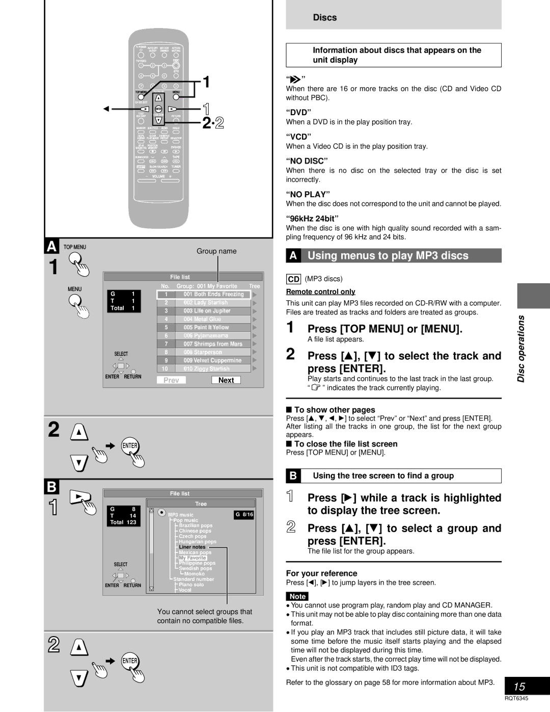 Panasonic SC-DK20 Using menus to play MP3 discs, Press 8, 9 to select the track, Press TOP Menu or Menu, Press Enter 