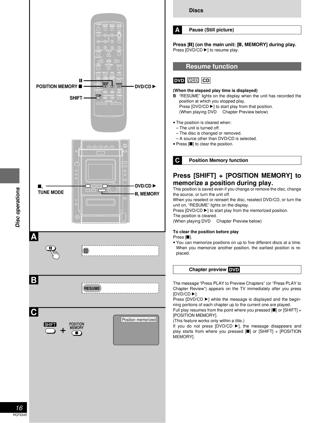 Panasonic SC-DK20 warranty Resume function, Disc operations, Dvd/Cd 