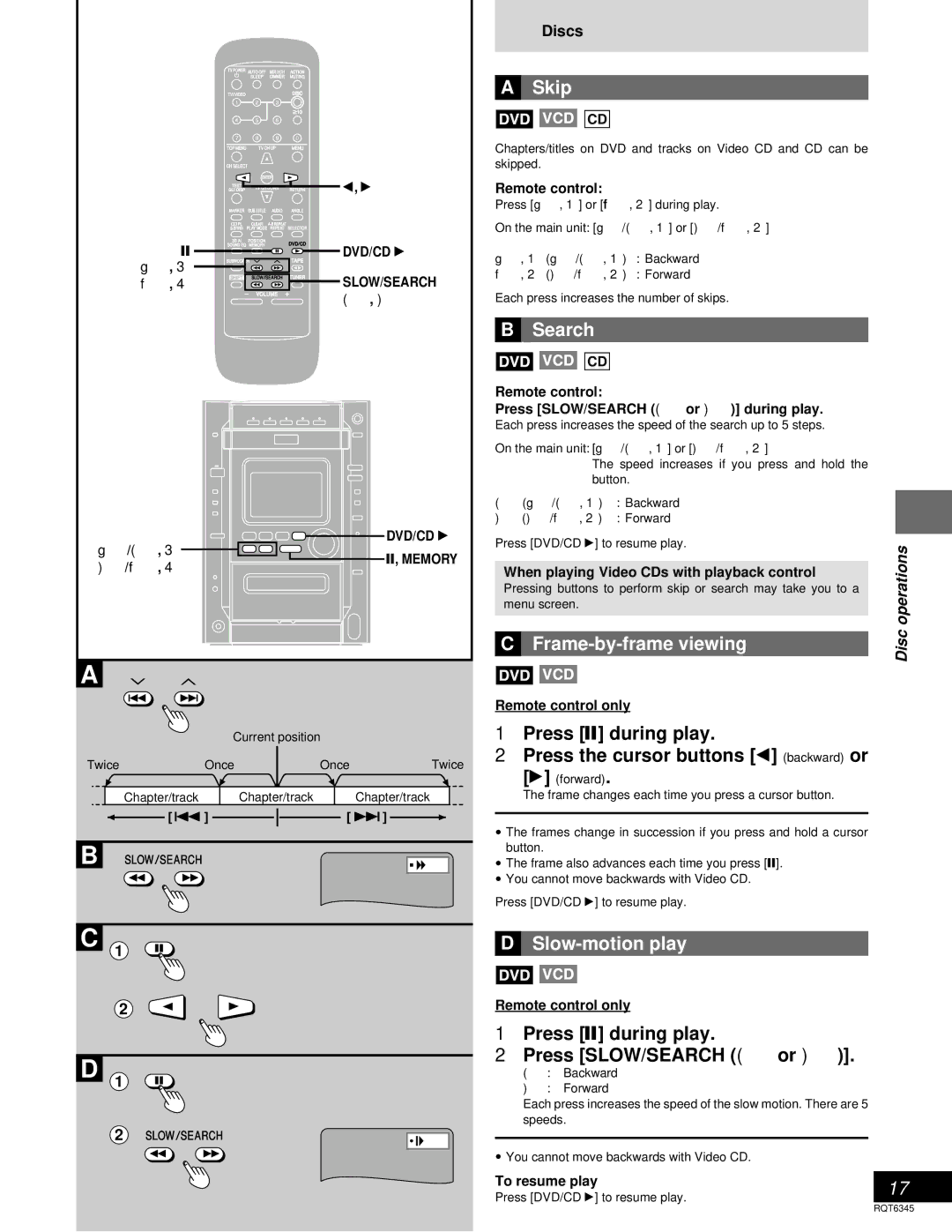 Panasonic SC-DK20 warranty Skip, Search, Frame-by-frame viewing, Slow-motion play 