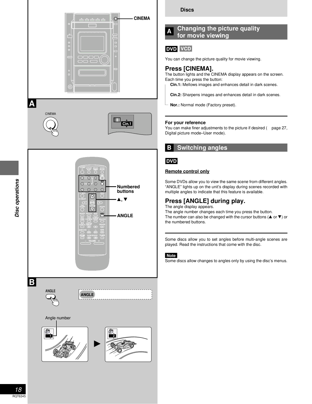 Panasonic SC-DK20 Changing the picture quality for movie viewing, Press Cinema, Switching angles, Press Angle during play 