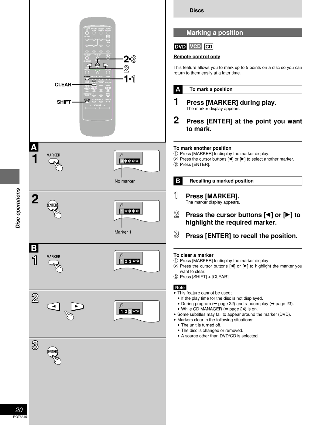 Panasonic SC-DK20 warranty Marking a position, Press Marker during play, Press Enter at the point you want to mark, Clear 