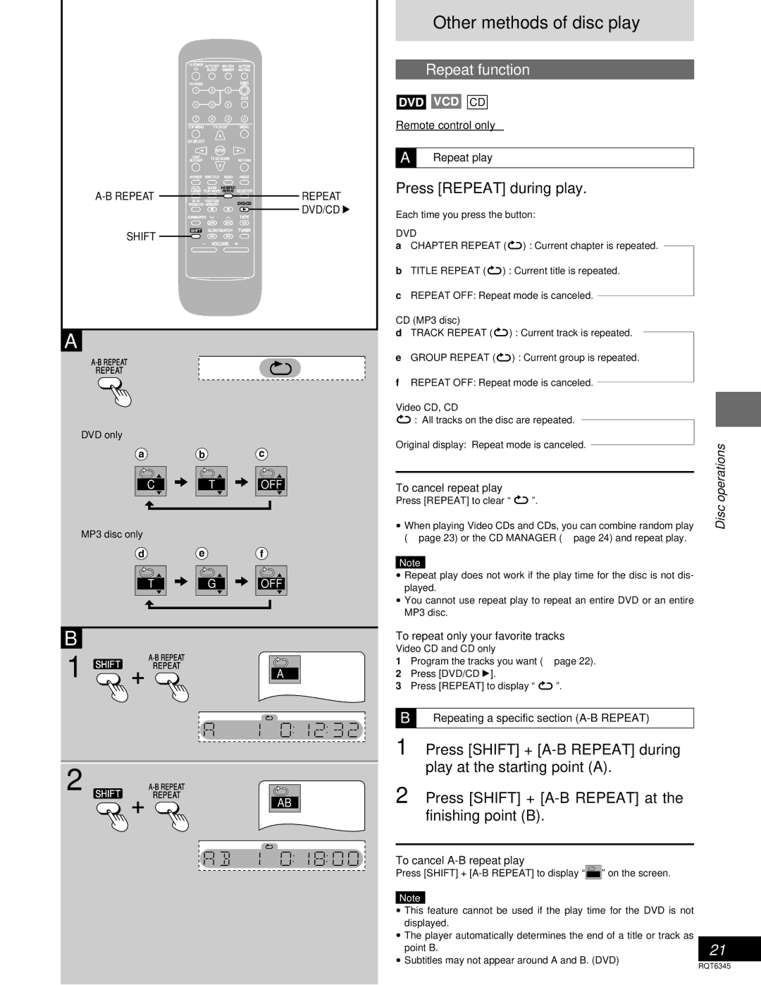 Panasonic SC-DK20 warranty Other methods of disc play, Repeat function, Press Repeat during play, Off 