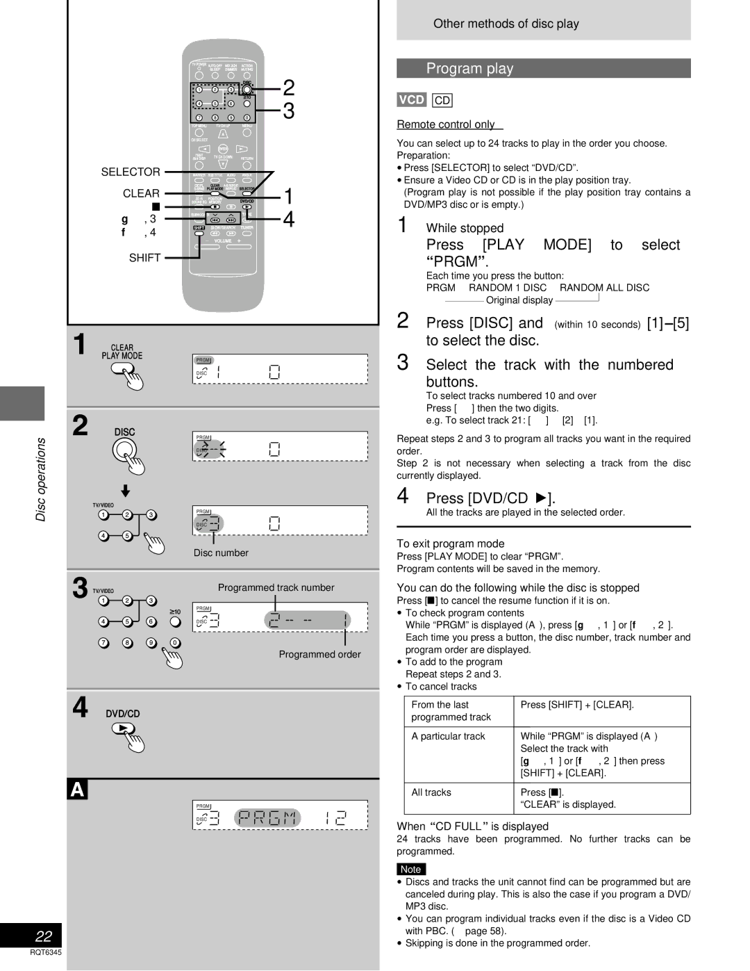 Panasonic SC-DK20 warranty Program play, Press Play Mode to select Prgm, Other methods of disc play, While stopped 