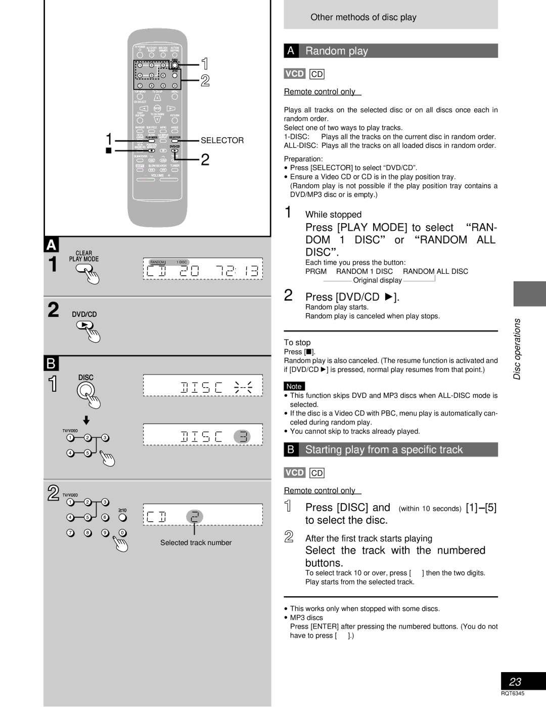 Panasonic SC-DK20 Random play, Press Play Mode to select RAN DOM 1 Disc or Random ALL, Starting play from a specific track 