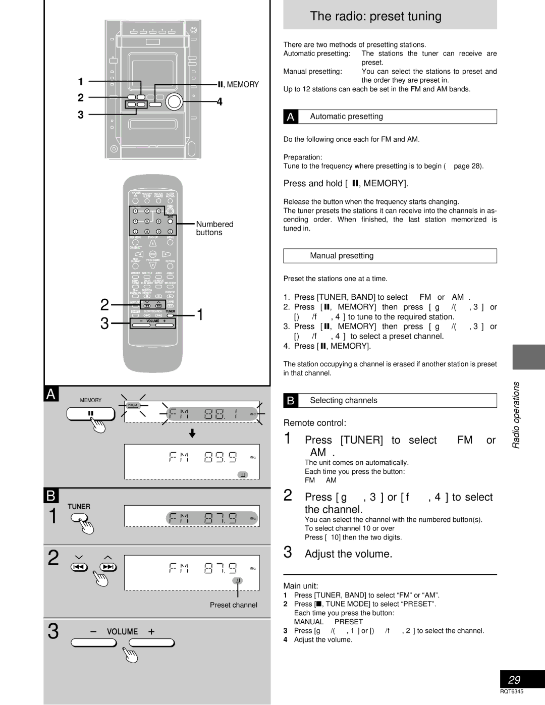 Panasonic SC-DK20 warranty Radio preset tuning, Press Tuner to select FM or, Press g, 3 or f, 4 to select, Channel 