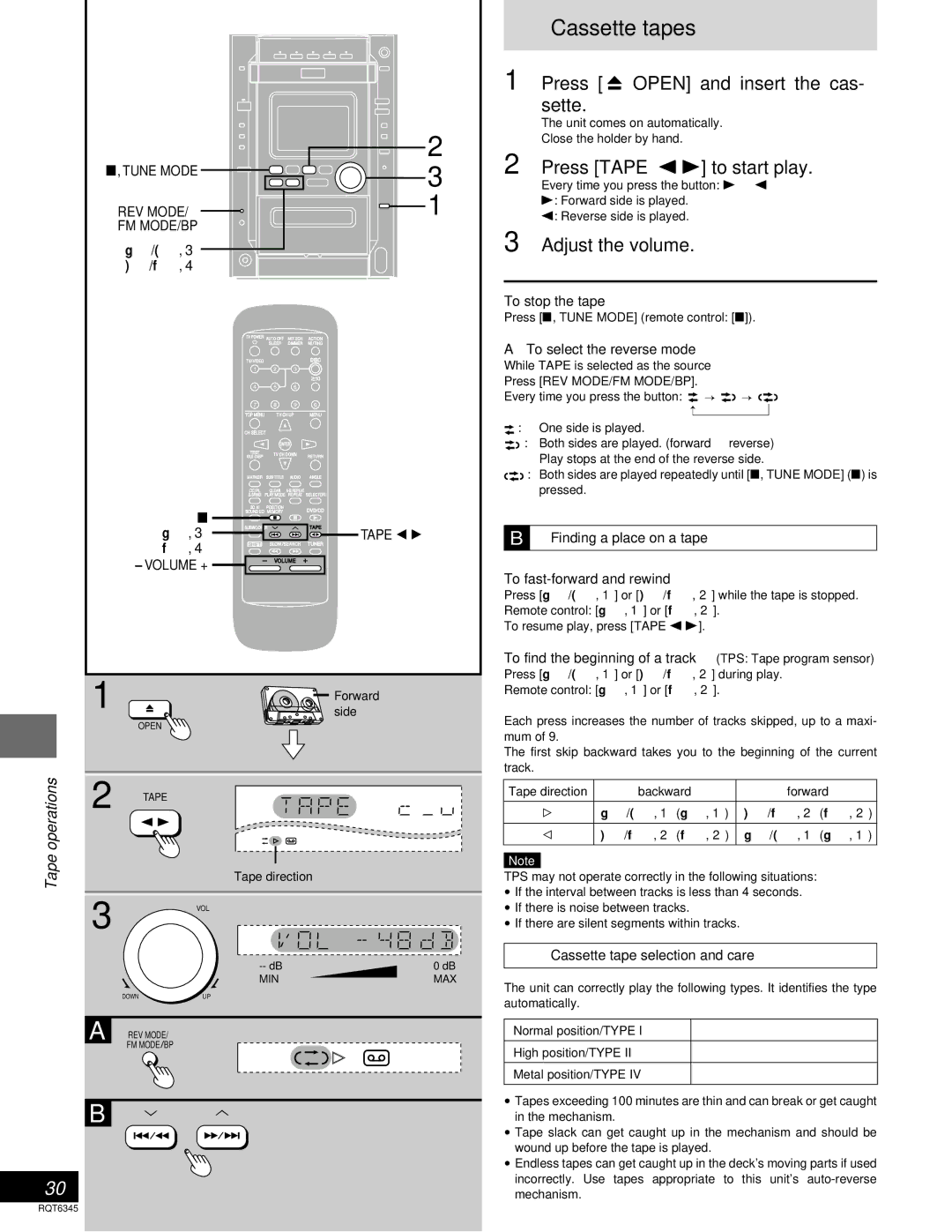 Panasonic SC-DK20 Cassette tapes, Press c Open and insert the cas- sette, Press Tape / to start play, Tape operations 