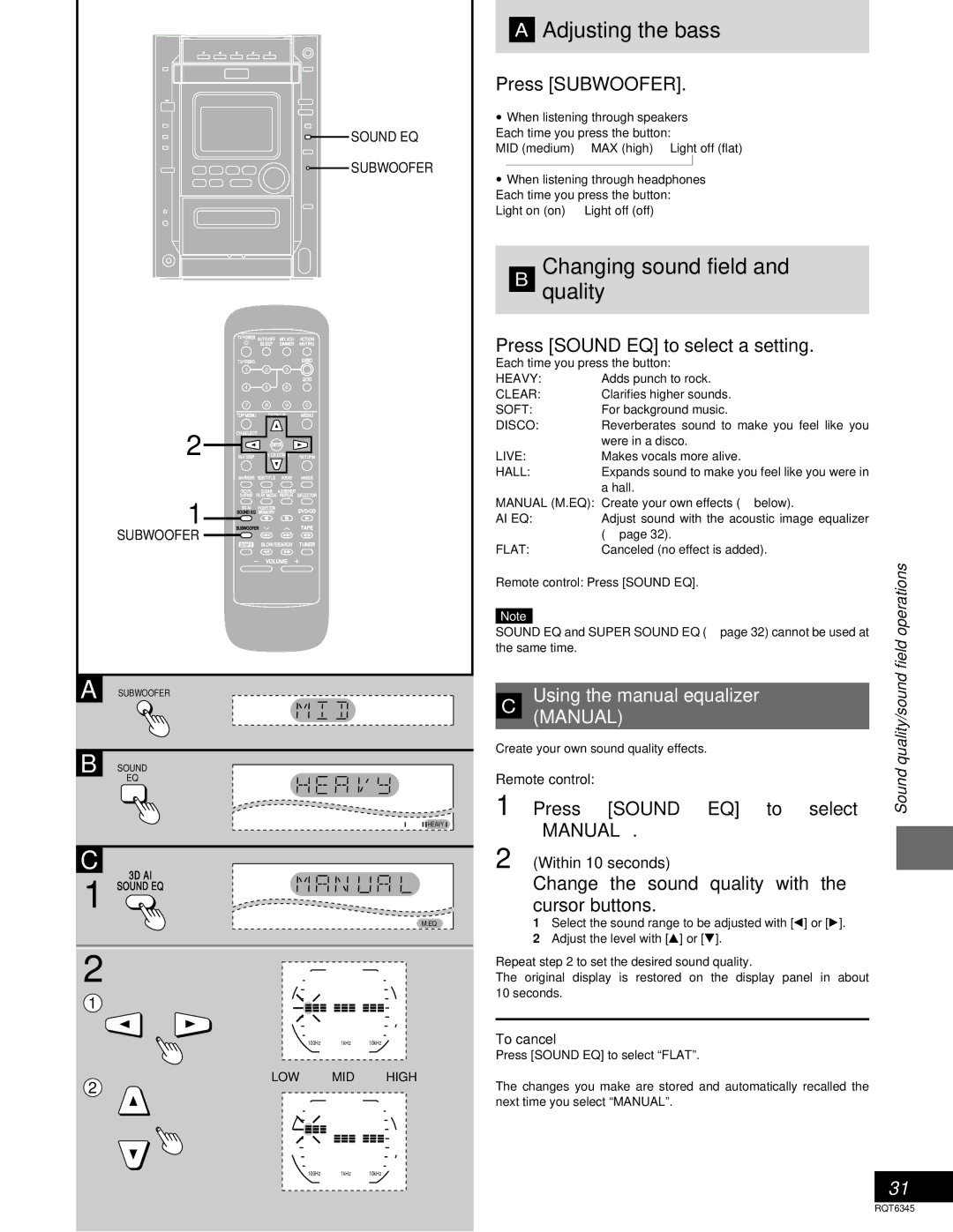 Panasonic SC-DK20 warranty Adjusting the bass, Changing sound field and B quality, Using the manual equalizer 