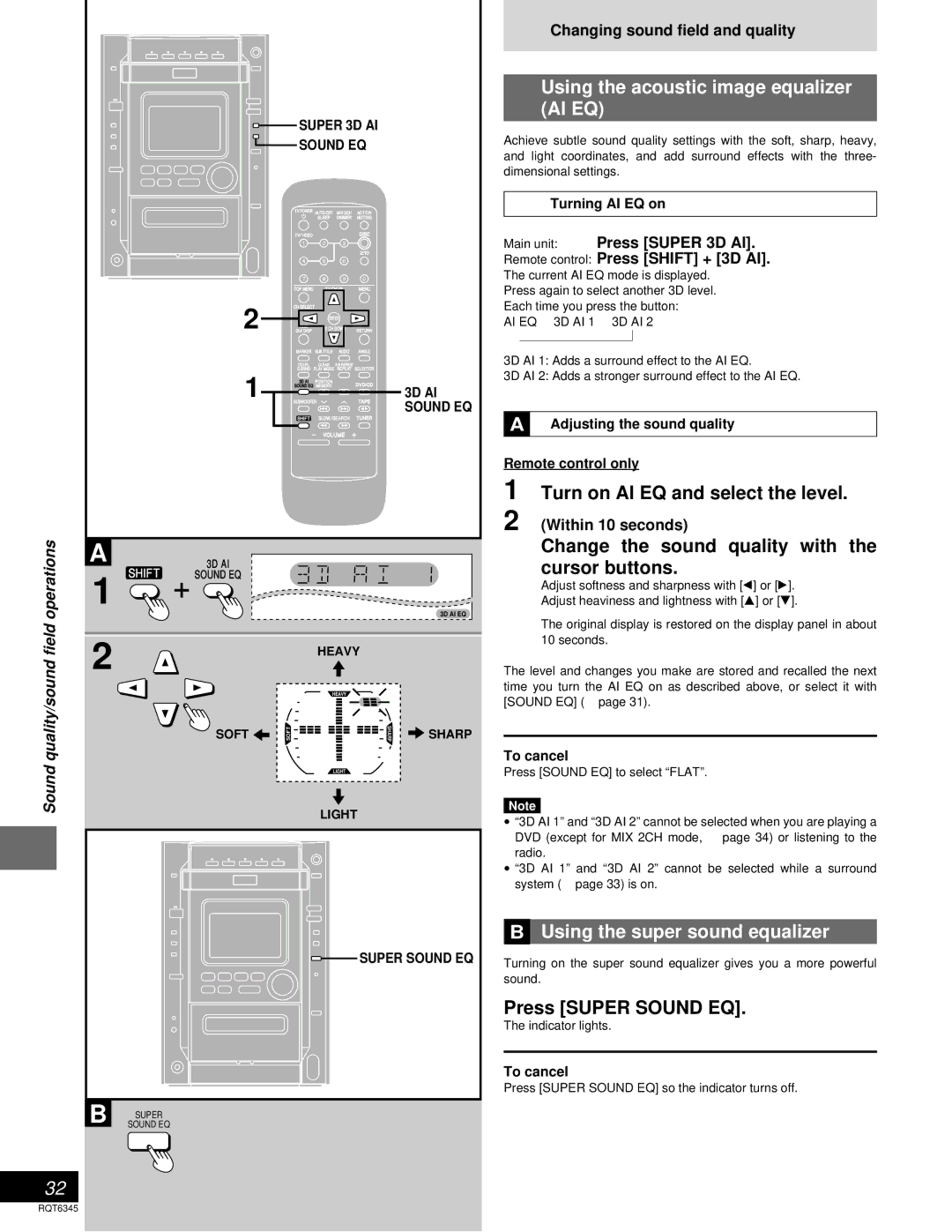 Panasonic SC-DK20 Using the acoustic image equalizer, Turn on AI EQ and select the level, Using the super sound equalizer 