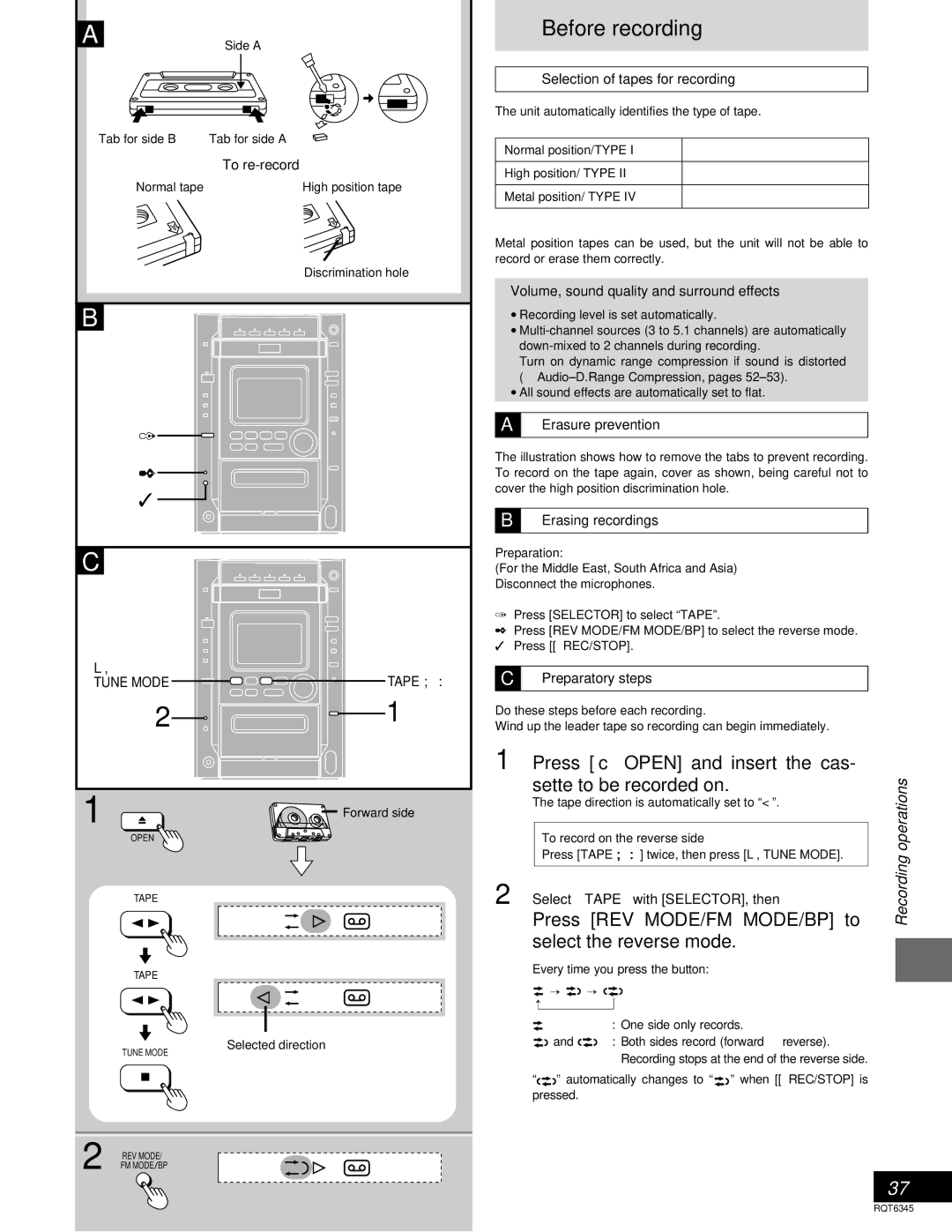 Panasonic SC-DK20 Before recording, Press c Open and insert the cas, Sette to be recorded on, Press REV MODE/FM MODE/BP to 