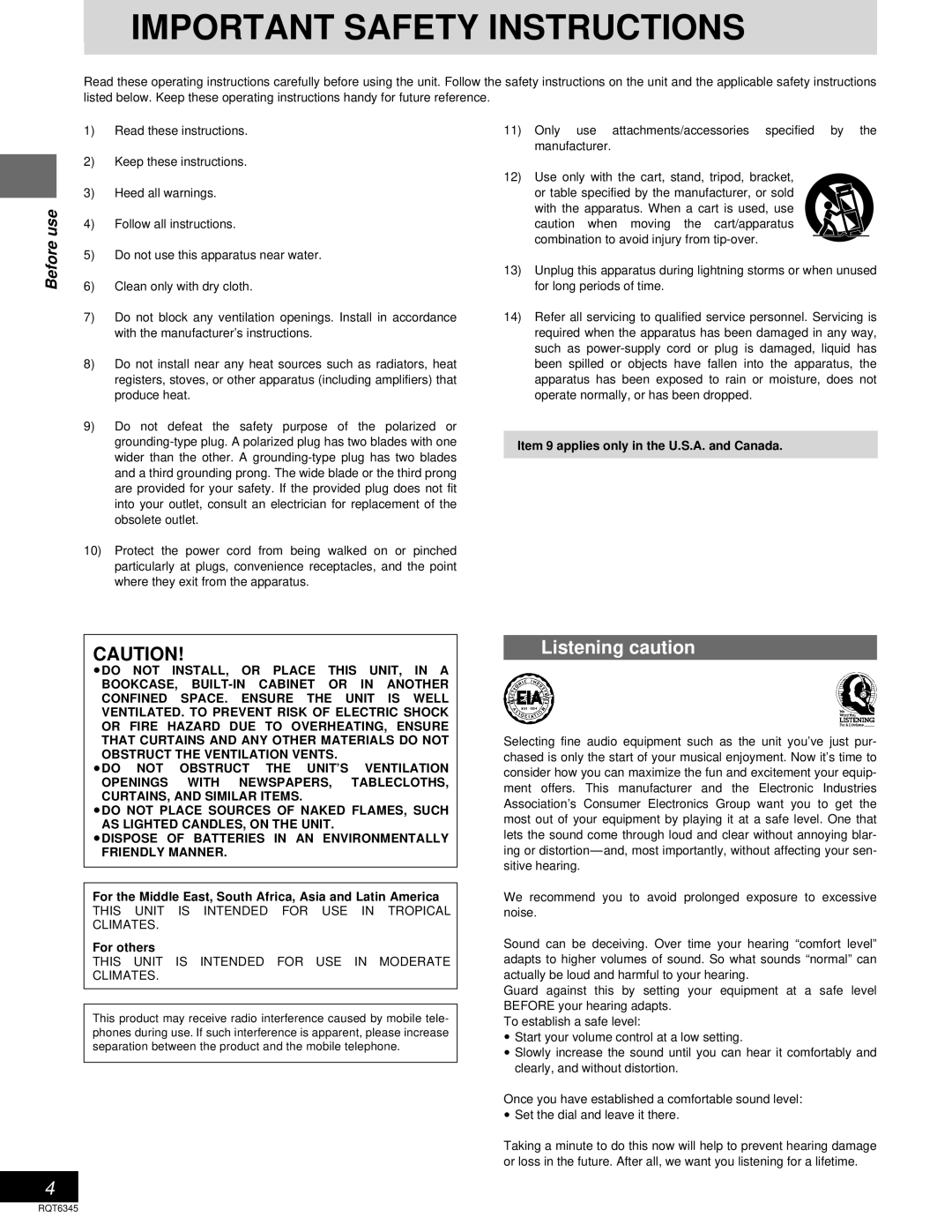 Panasonic SC-DK20 warranty Listening caution, Before use, Item 9 applies only in the U.S.A. and Canada, For others 