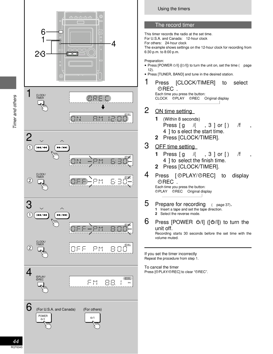 Panasonic SC-DK20 warranty Record timer, Press CLOCK/TIMER to select rREC, Press g/, 3 or /f, 4 to select the start time 