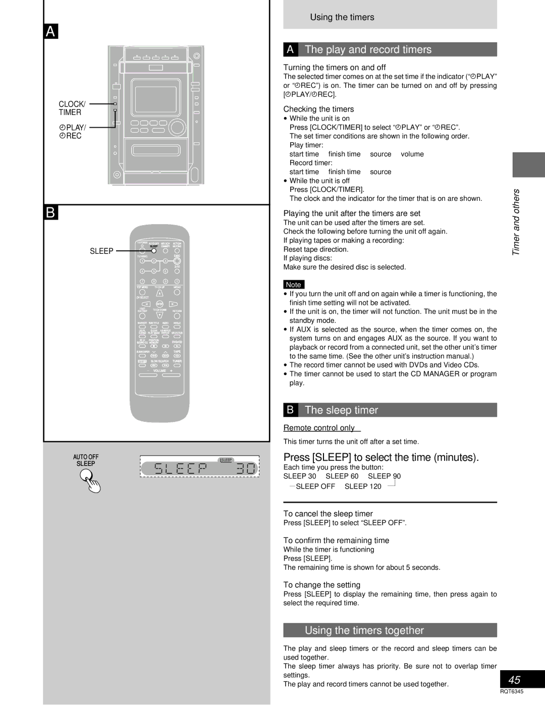 Panasonic SC-DK20 Play and record timers, Sleep timer, Press Sleep to select the time minutes, Using the timers together 