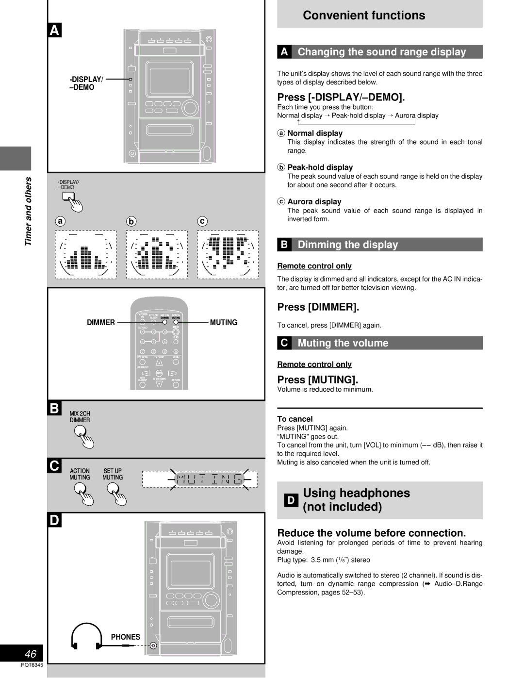 Panasonic SC-DK20 Convenient functions, Using headphones Not included, Changing the sound range display, Muting the volume 