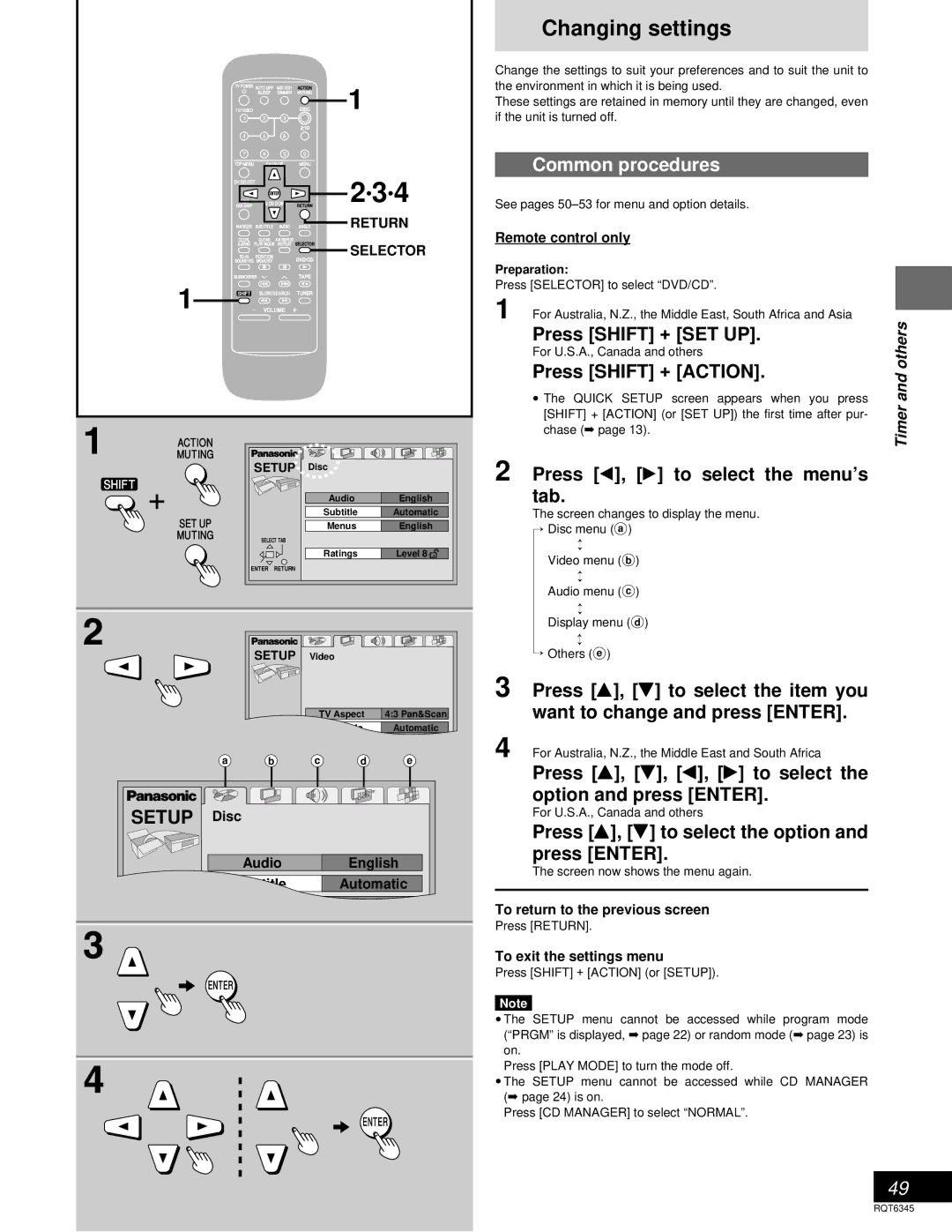 Panasonic SC-DK20 warranty Changing settings, Press Shift + SET UP, Press Shift + Action, Press , to select the menu’s tab 