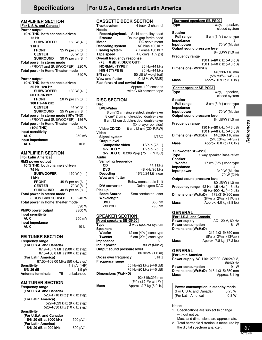 Panasonic SC-DK20 warranty Specifications, For U.S.A., Canada and Latin America 