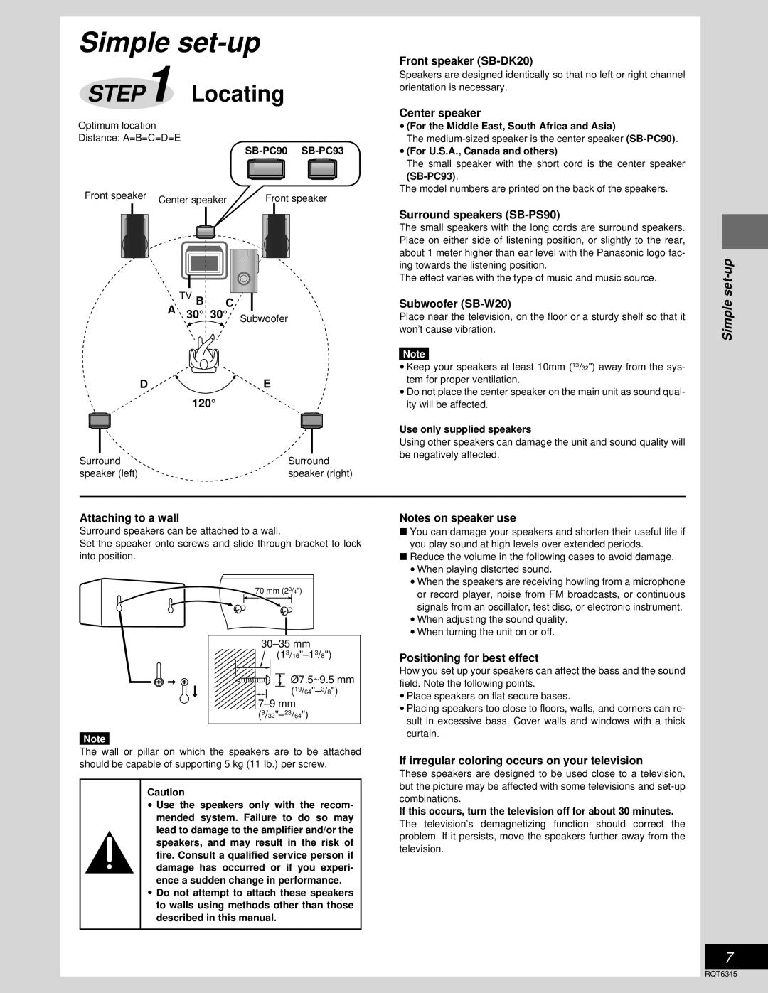 Panasonic SC-DK20 warranty 120, Front speaker SB-DK20, Center speaker, Surround speakers SB-PS90, Subwoofer SB-W20 