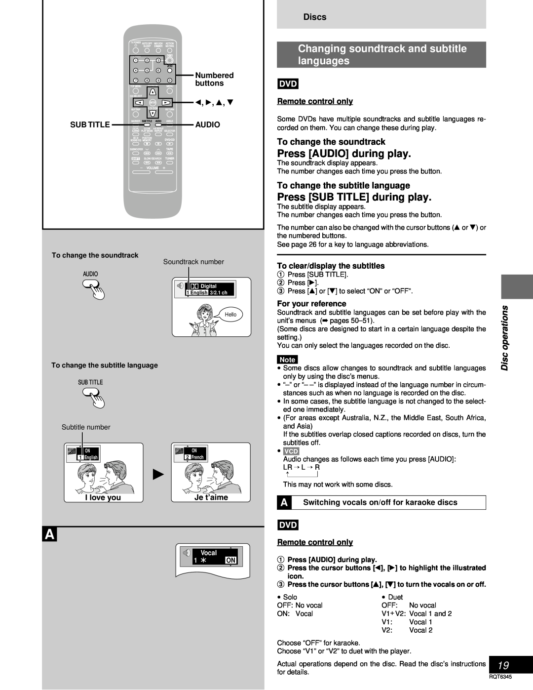 Panasonic SC-DK20 Changing soundtrack and subtitle languages, Press AUDIO during play, Press SUB TITLE during play, Audio 