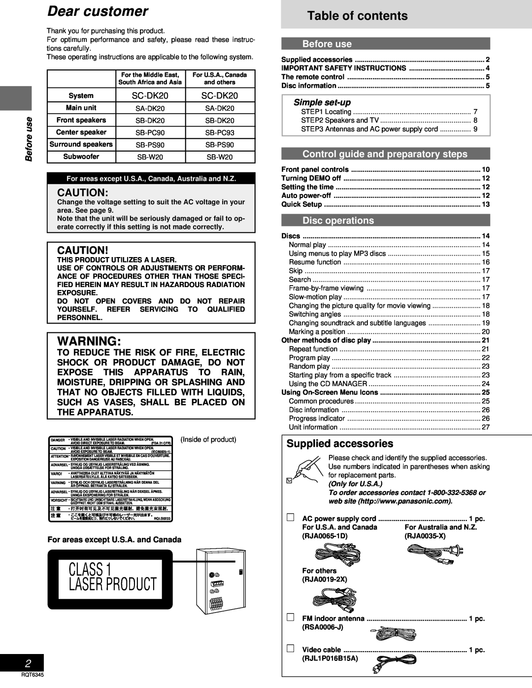 Panasonic SC-DK20 Table of contents, Supplied accessories, Before use, Control guide and preparatory steps, Simple set-up 