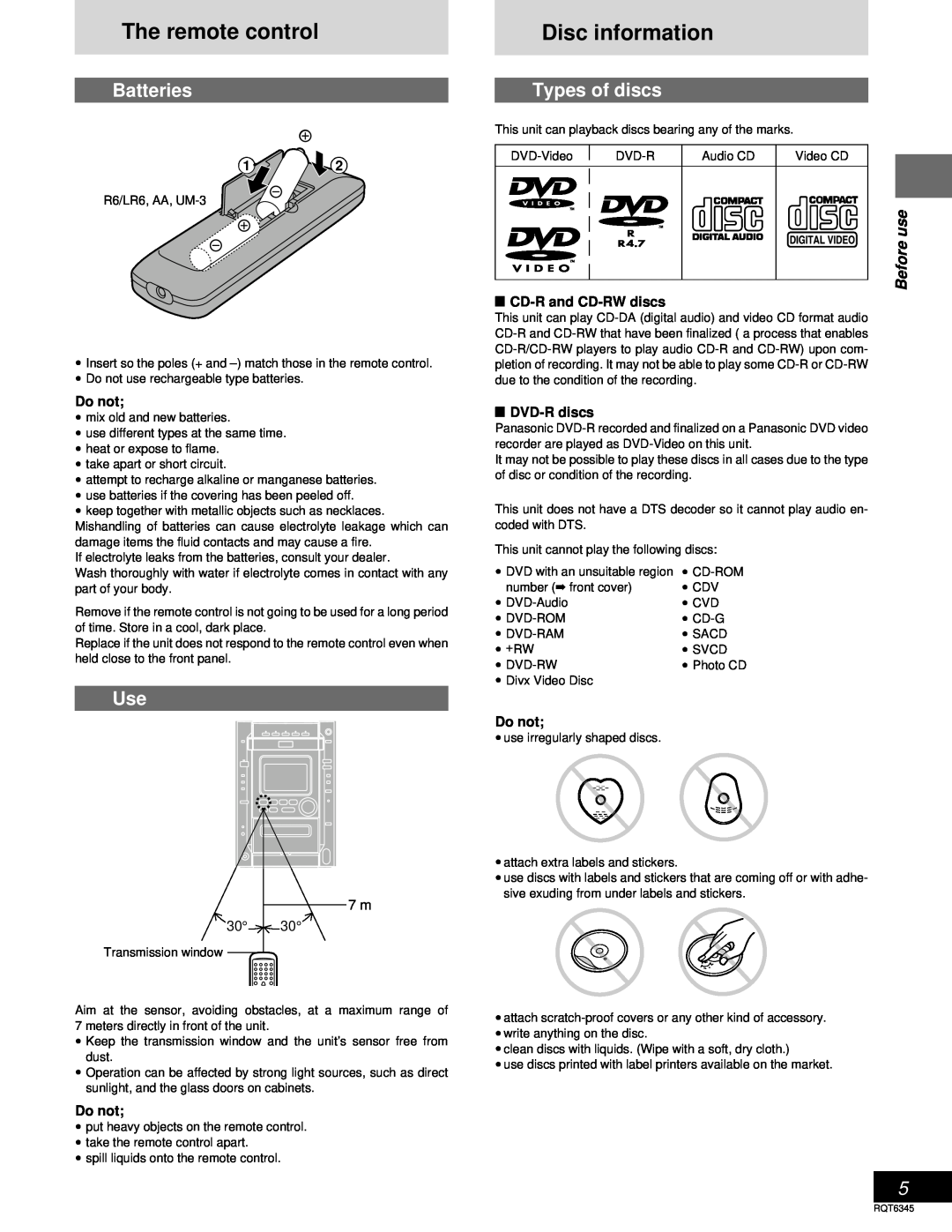 Panasonic SC-DK20 The remote control, Disc information, Batteries, Types of discs, +Rw, Do not, 7 m, L CD-Rand CD-RWdiscs 