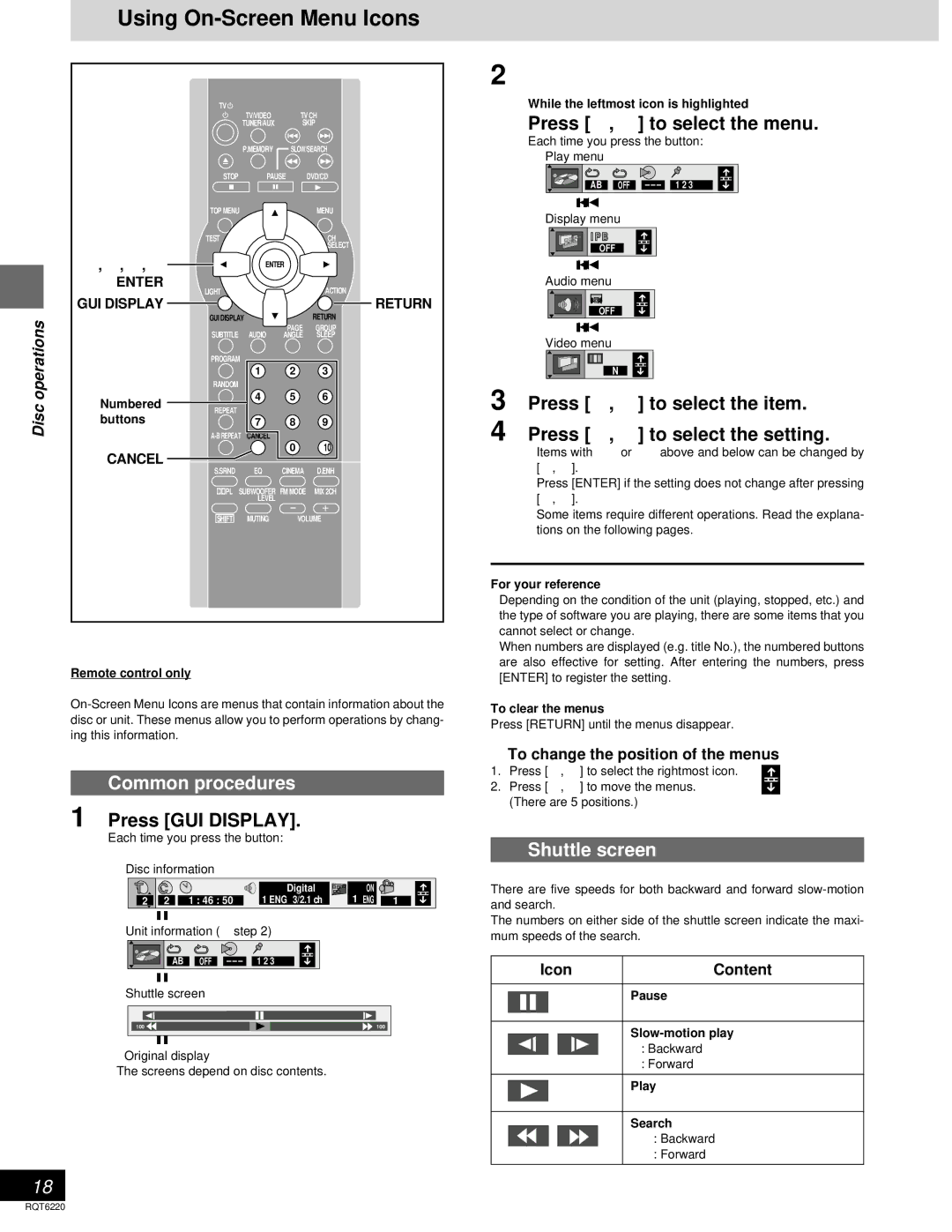 Panasonic SC-DM3 warranty Using On-Screen Menu Icons, Common procedures, Press GUI Display, Press 3, 4 to select the menu 