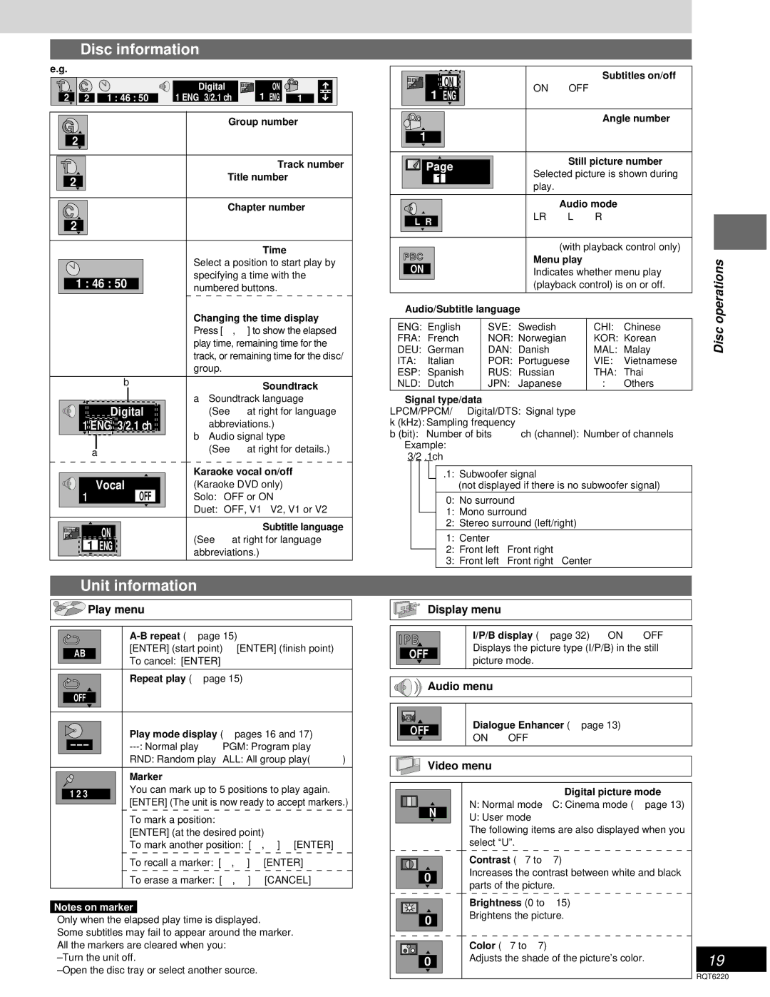 Panasonic SC-DM3 warranty Disc information, Unit information, Off 