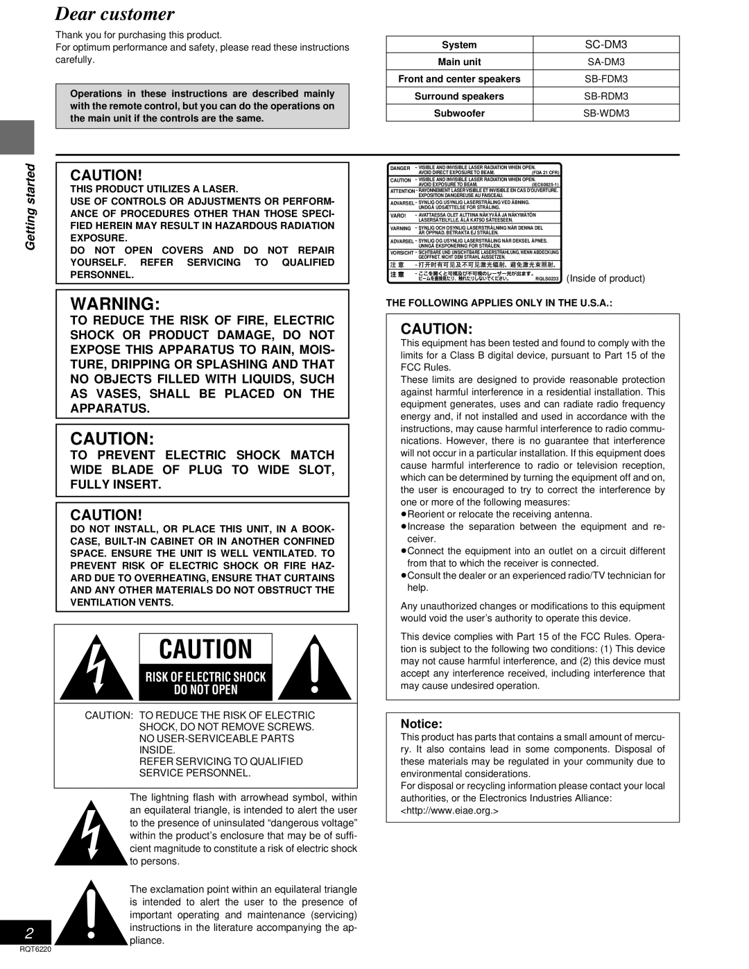 Panasonic SC-DM3 warranty Getting started, System 