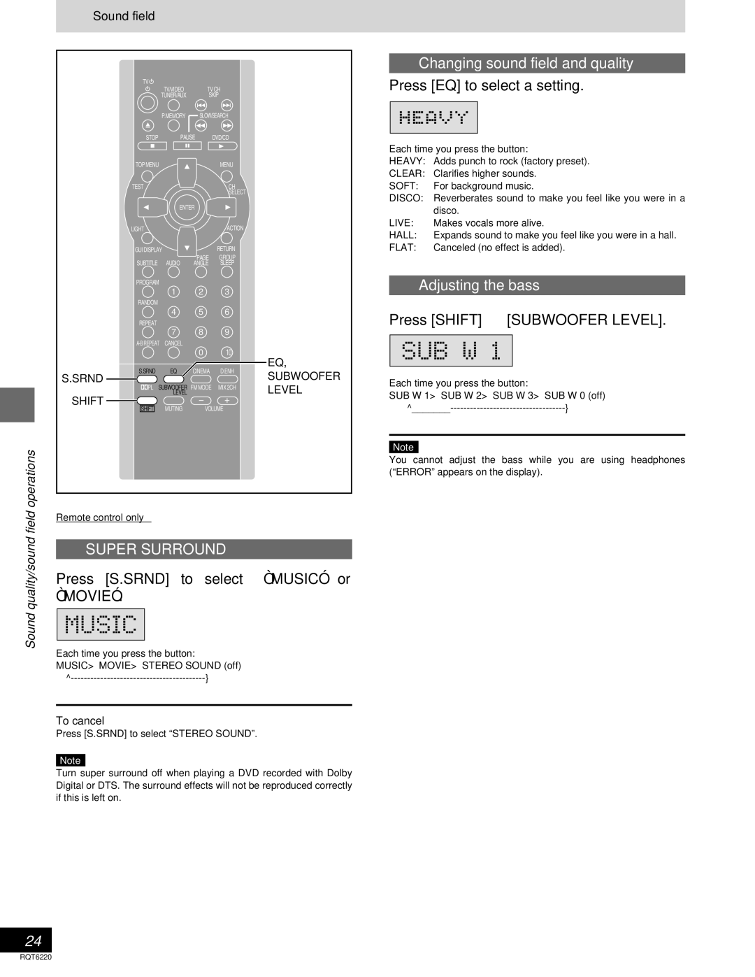 Panasonic SC-DM3 Press S.SRND to Select Music or Movie, Changing sound field and quality, Press EQ to select a setting 