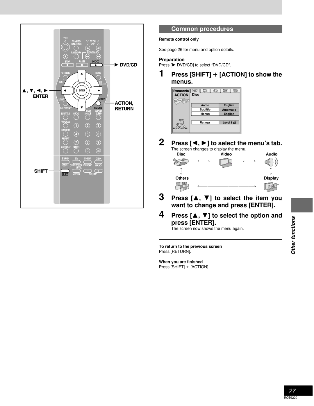 Panasonic SC-DM3 Press Shift i Action to show the menus, Press 2, 1 to select the menu’s tab, Dvd/Cd, VideoAudio Display 