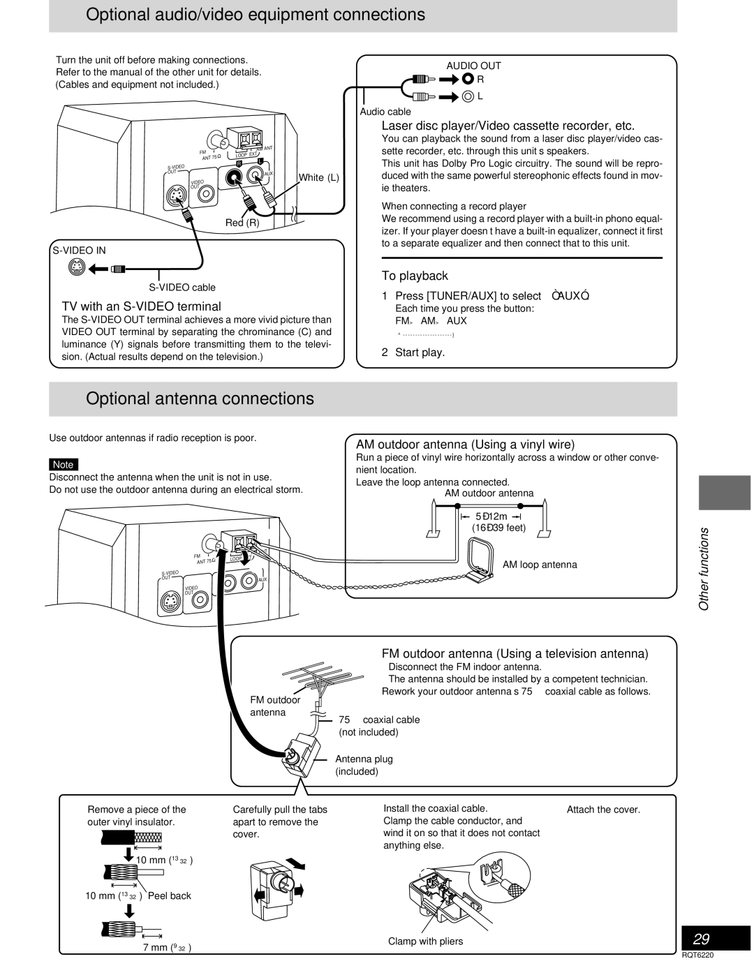 Panasonic SC-DM3 warranty Optional audio/video equipment connections, Optional antenna connections 