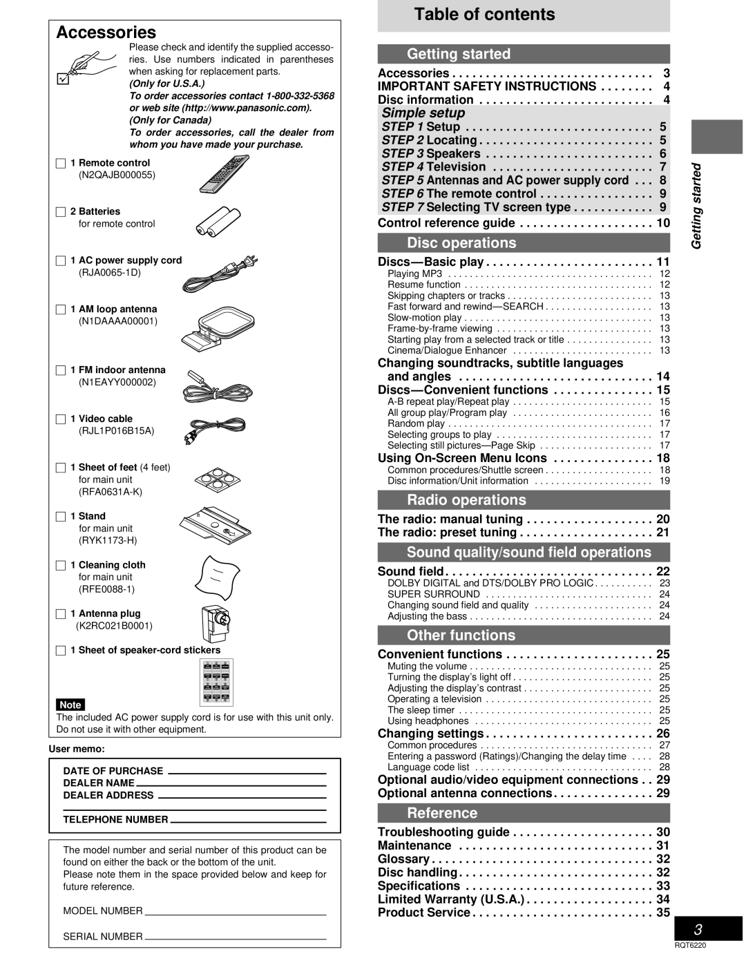 Panasonic SC-DM3 warranty Accessories, Table of contents 