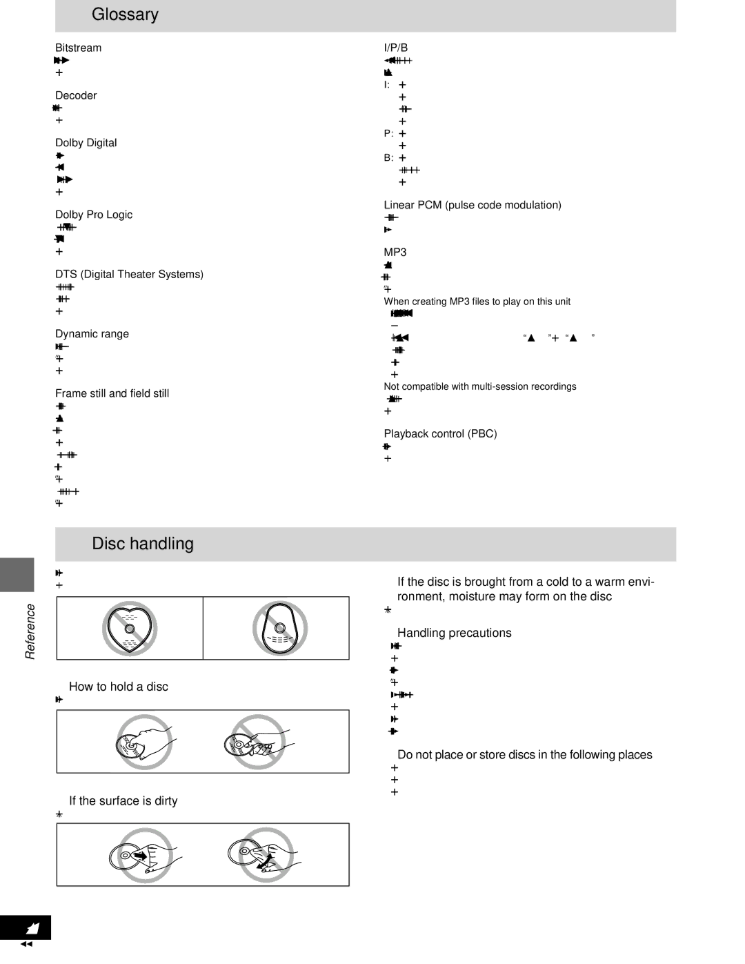 Panasonic SC-DM3 warranty Glossary, Disc handling, Reference 