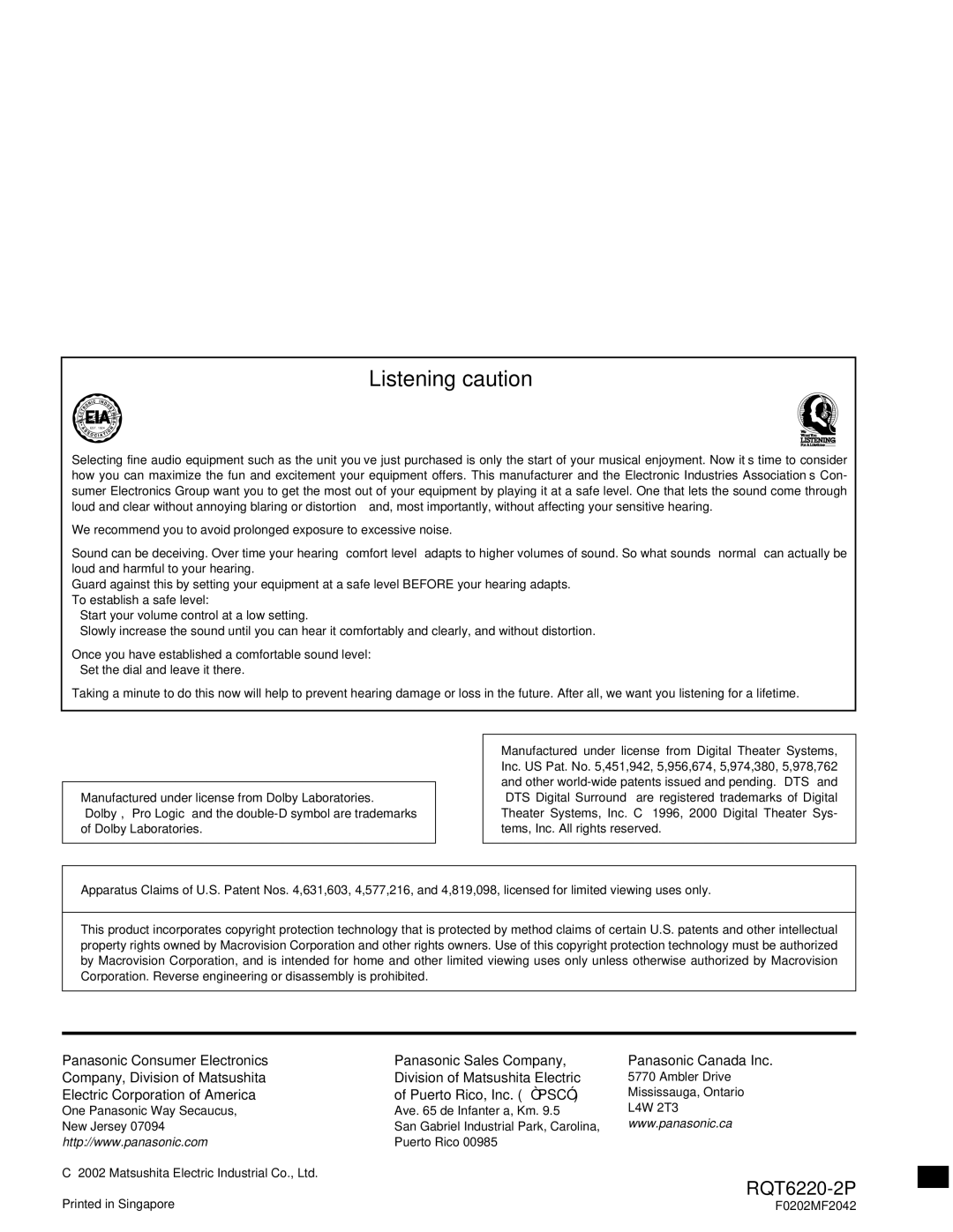 Panasonic SC-DM3 warranty Listening caution, Electric Corporation of America Puerto Rico, Inc. PSC 